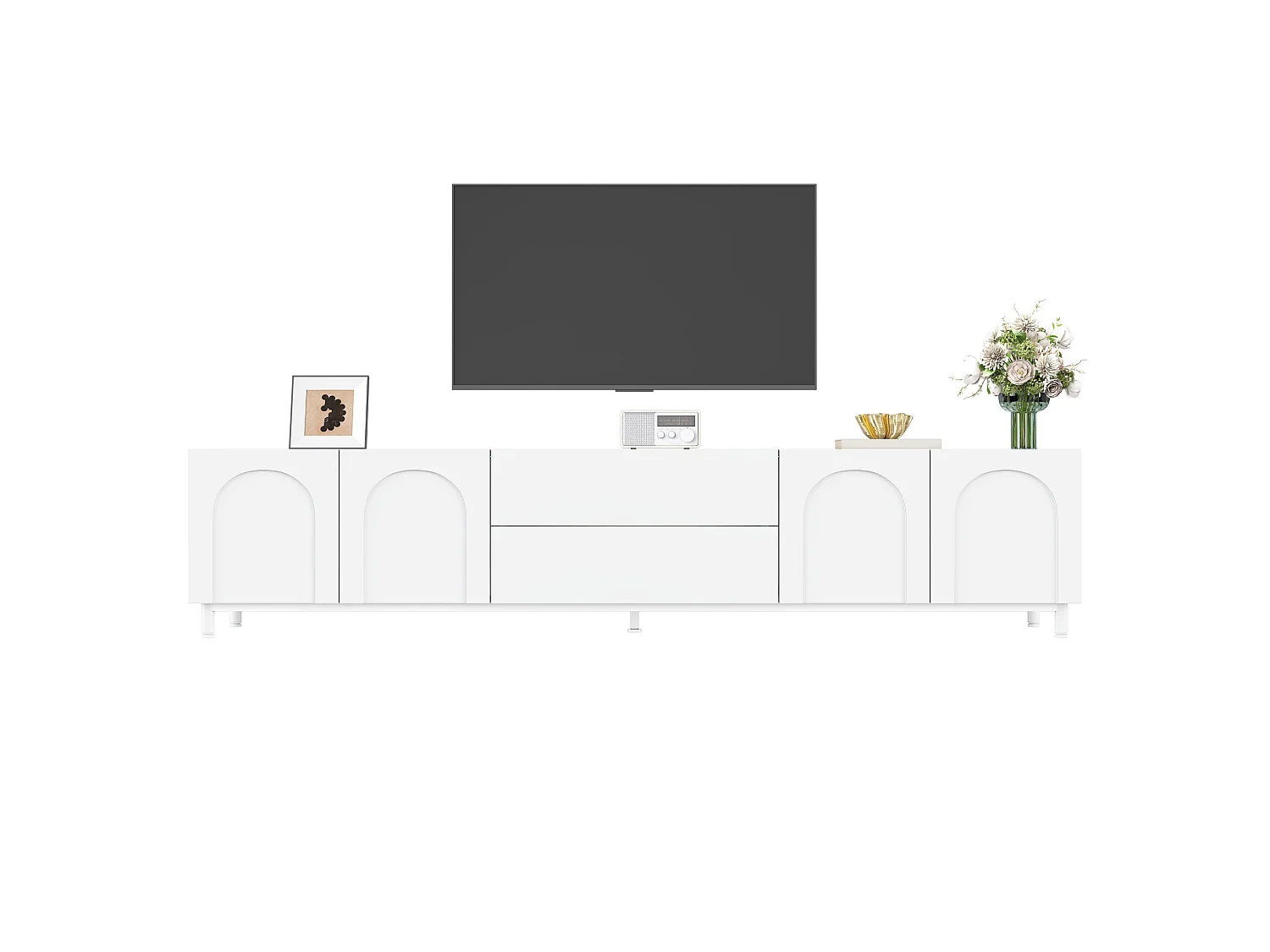 Moderner TV-Schrank 180x40x48 cm - 4 Türen und 2 Schubladen - Spanplatten und MDF - Beine aus Stahl - Weiß