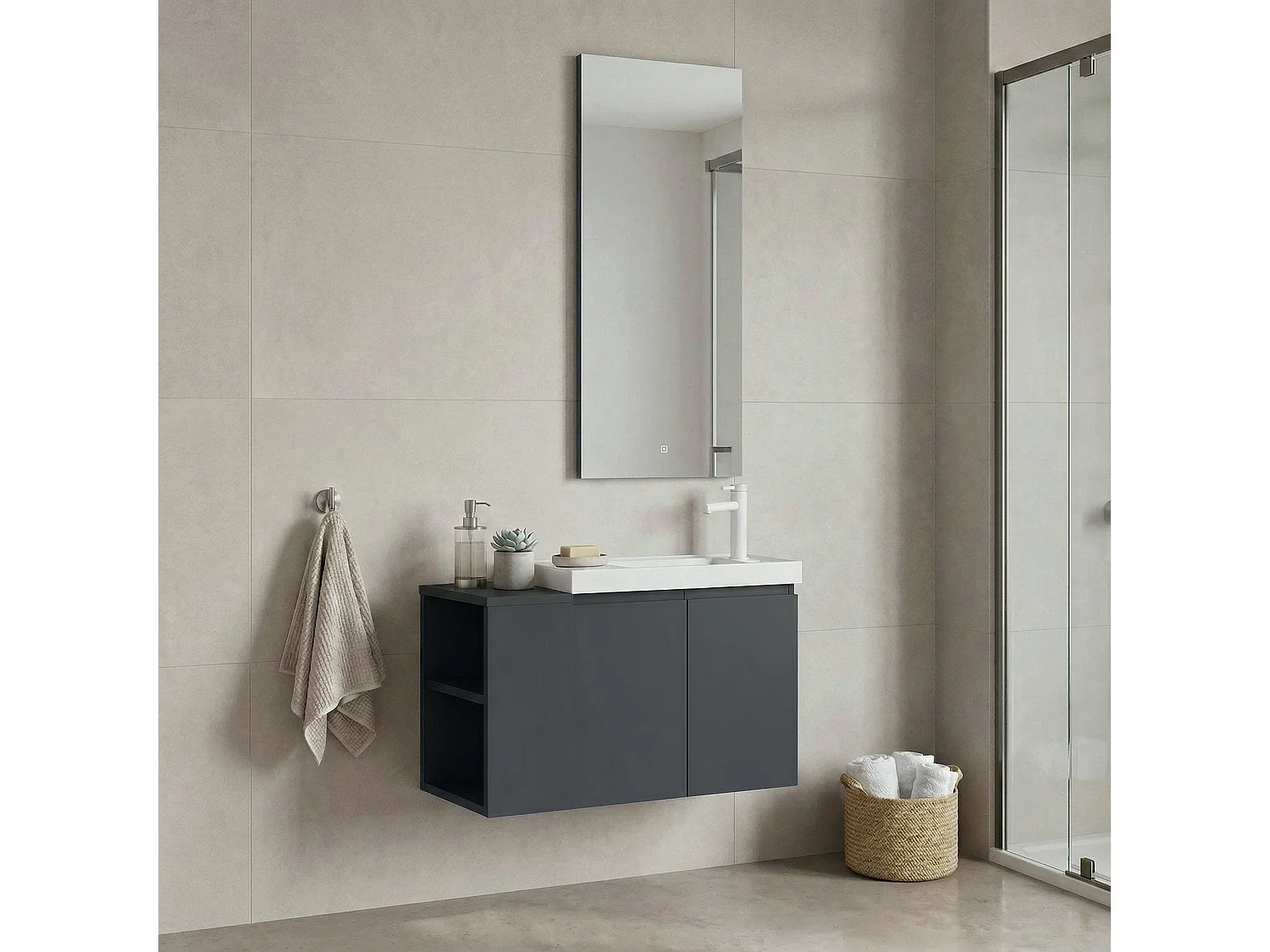 Ensemble Meuble Vasque avec Miroir (2 Pièces) "Ferla 80" - 80 x 22 x 45 cm - Matte Anthracite