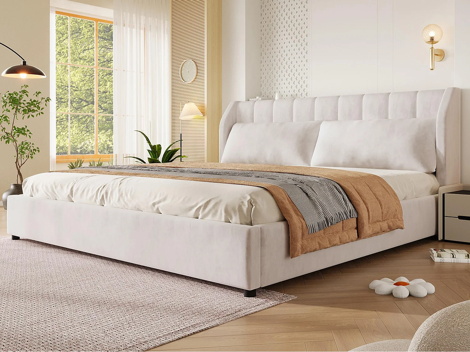 Dobbeltseng med tuftet hovedgærde 180x200 cm - Voksensenget - Flanelstof - Lamelbund - MDF - Beige (Madras ikke inkluderet)
