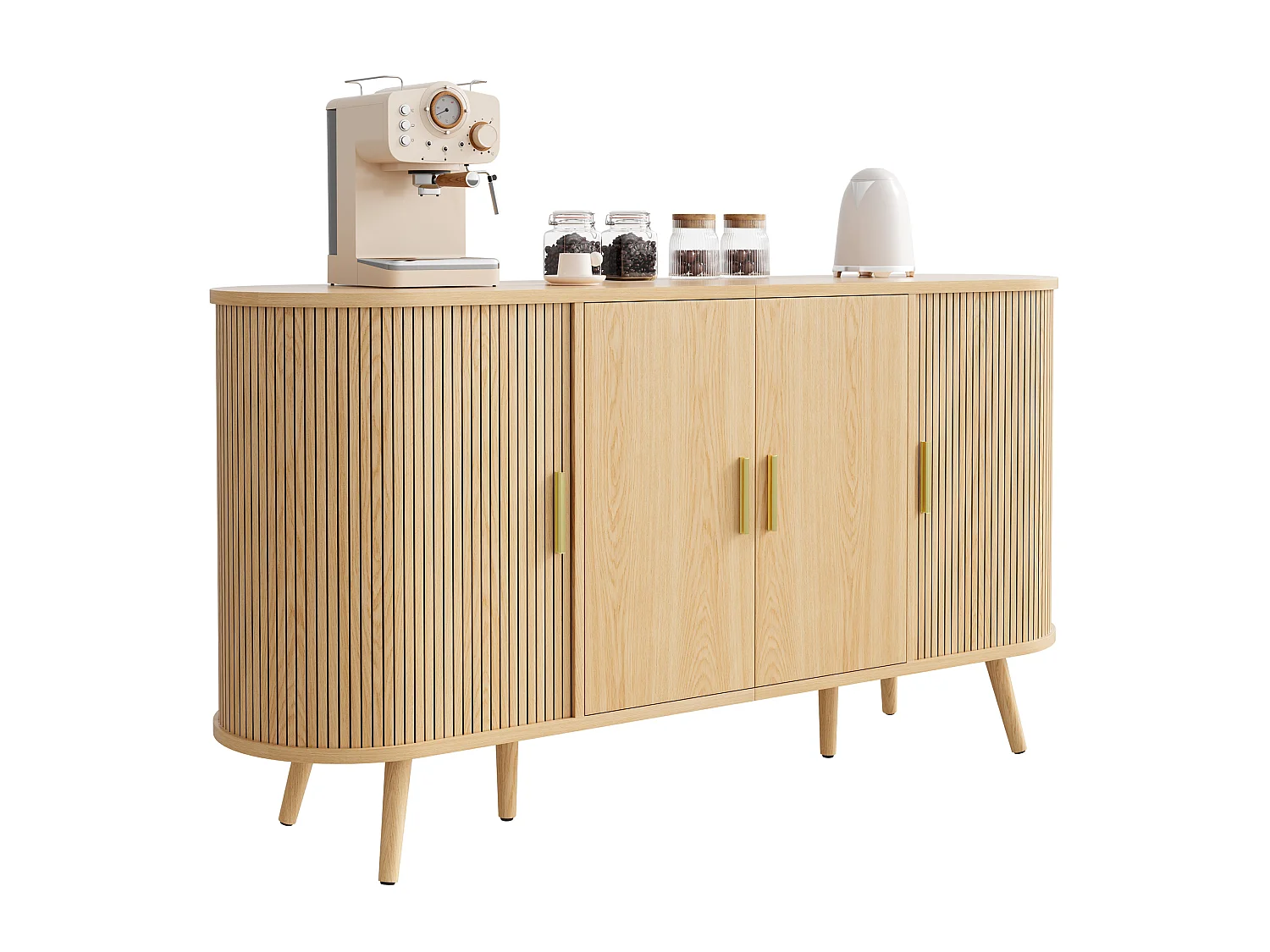 Gebogen dressoir 150x40x79 cm - 4 deuren - Verticale groeven - Metalen handgrepen - MDF - Natuurlijke kleur