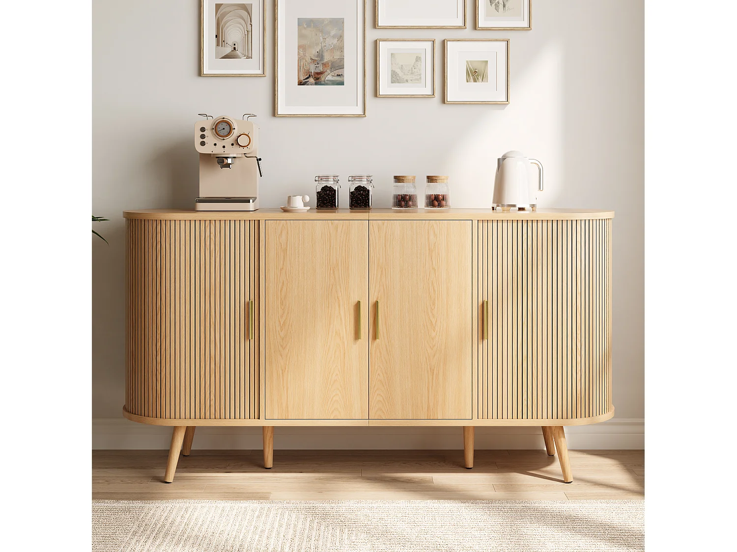 Gebogen dressoir 150x40x79 cm - 4 deuren - Verticale groeven - Metalen handgrepen - MDF - Natuurlijke kleur