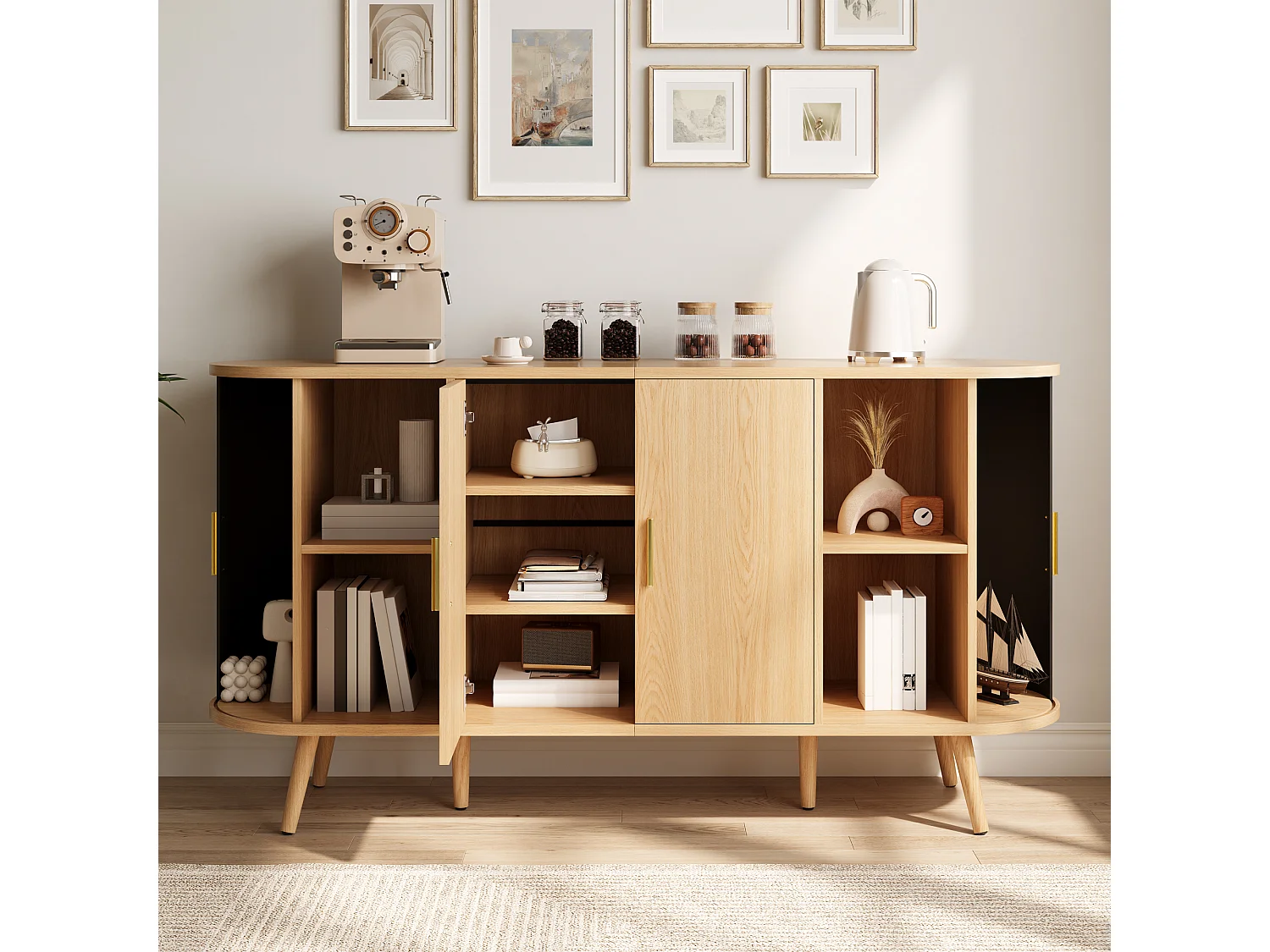 Gebogen dressoir 150x40x79 cm - 4 deuren - Verticale groeven - Metalen handgrepen - MDF - Natuurlijke kleur