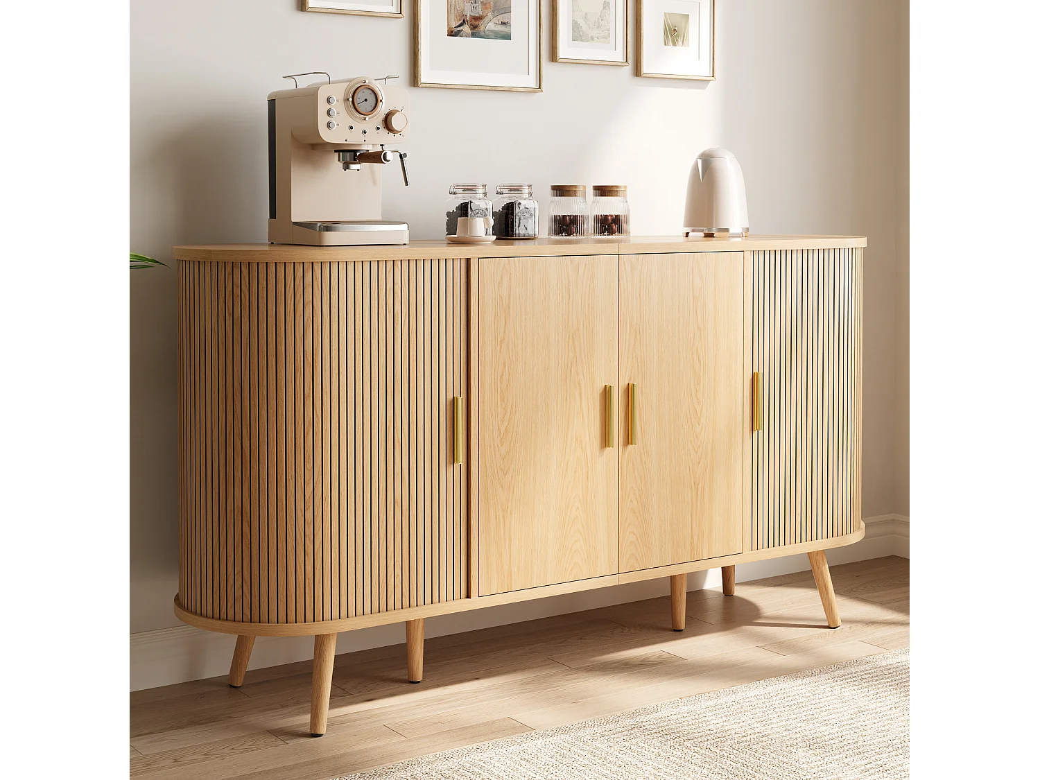 Gebogen dressoir 150x40x79 cm - 4 deuren - Verticale groeven - Metalen handgrepen - MDF - Natuurlijke kleur