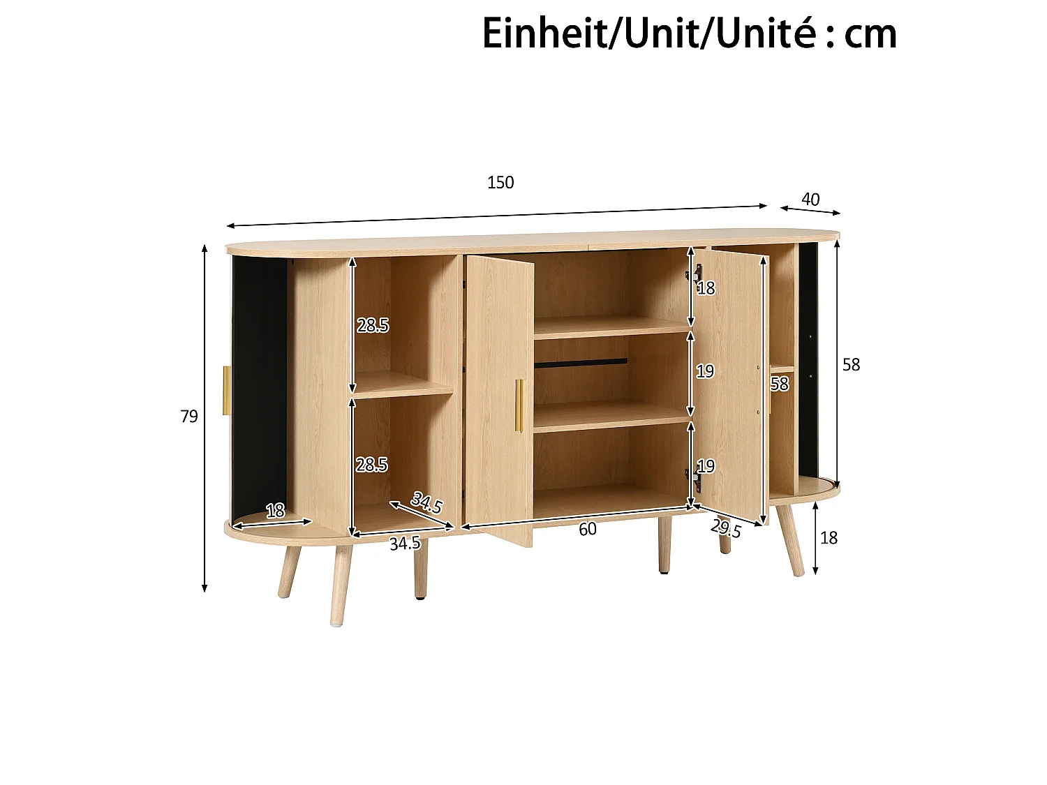 Gebogen dressoir 150x40x79 cm - 4 deuren - Verticale groeven - Metalen handgrepen - MDF - Natuurlijke kleur