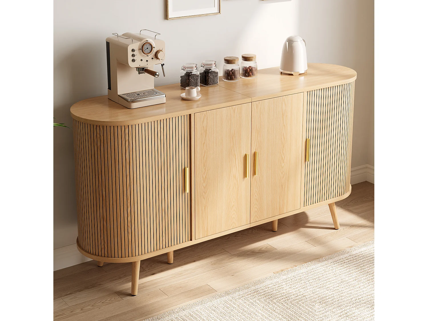 Gebogen dressoir 150x40x79 cm - 4 deuren - Verticale groeven - Metalen handgrepen - MDF - Natuurlijke kleur