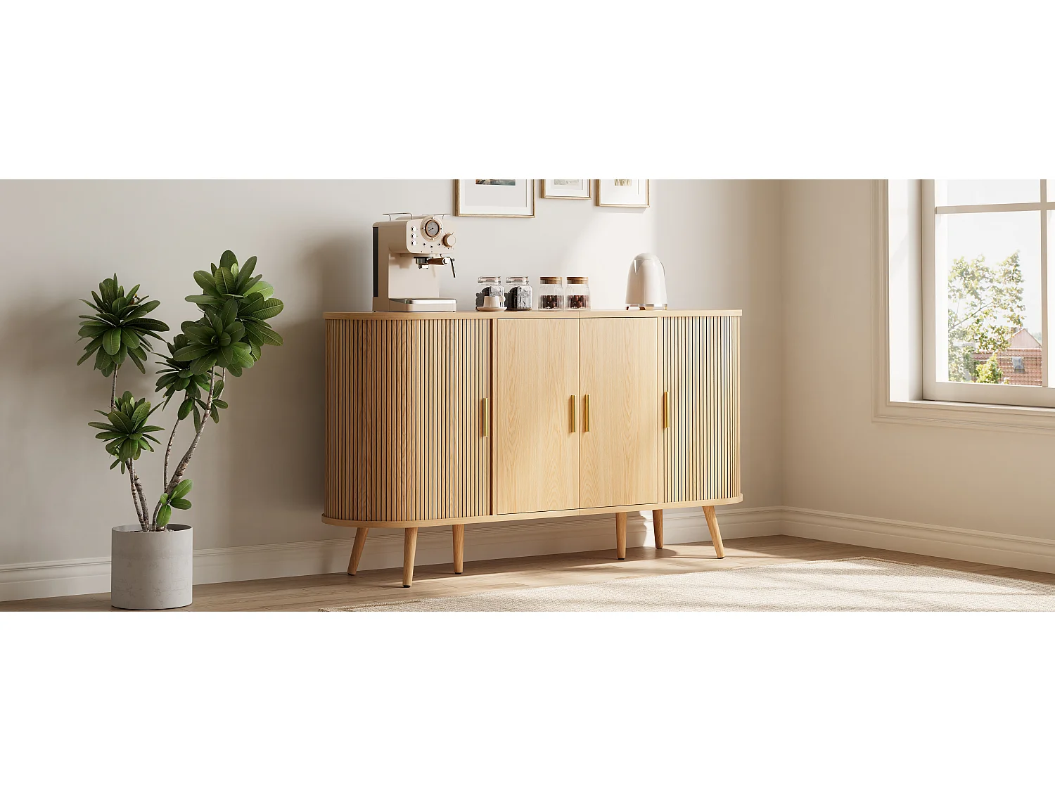 Gebogen dressoir 150x40x79 cm - 4 deuren - Verticale groeven - Metalen handgrepen - MDF - Natuurlijke kleur