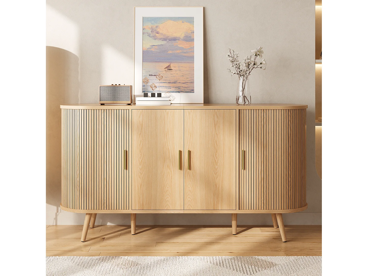 Gebogen dressoir 150x40x79 cm - 4 deuren - Verticale groeven - Metalen handgrepen - MDF - Natuurlijke kleur