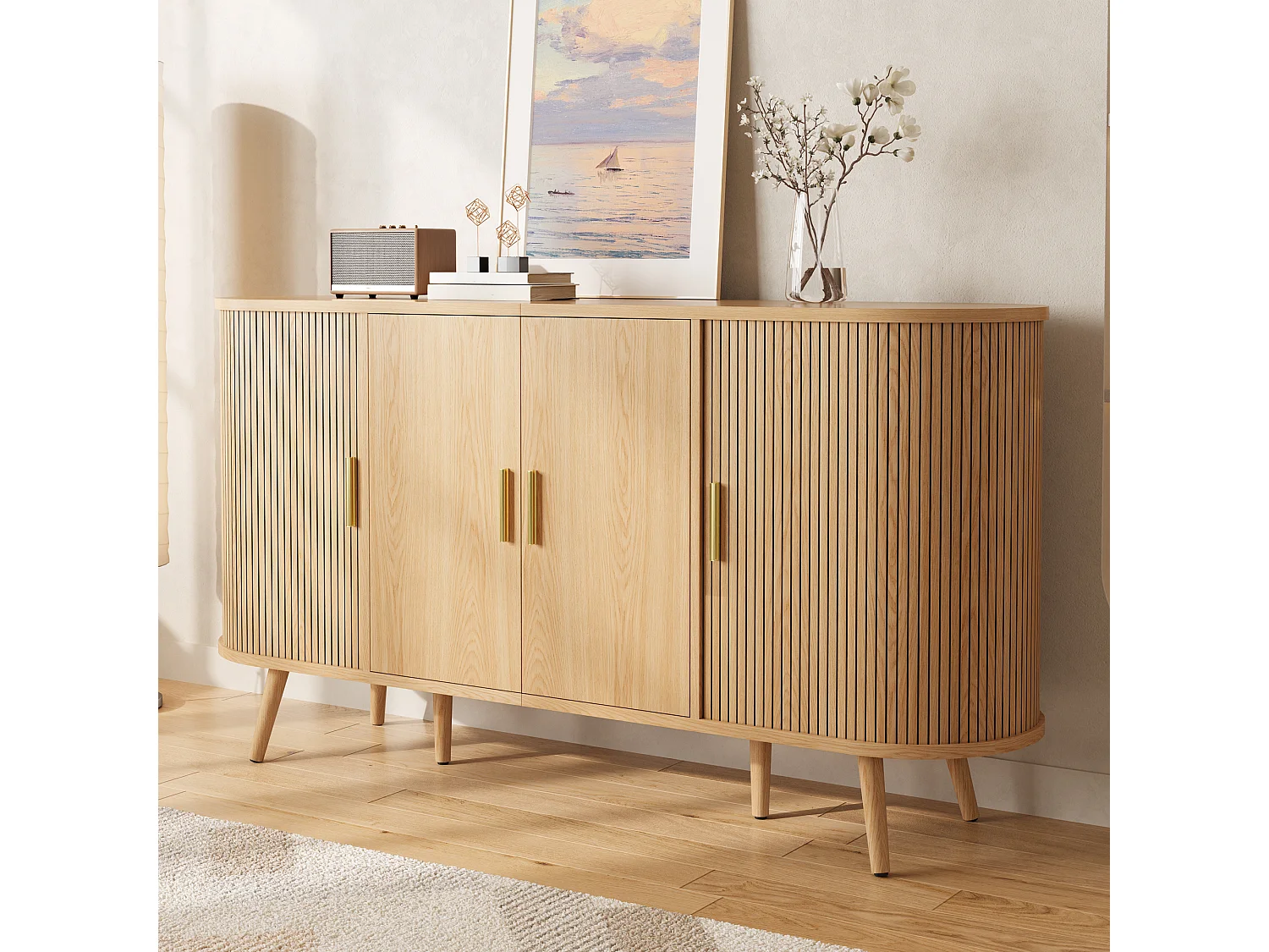 Gebogen dressoir 150x40x79 cm - 4 deuren - Verticale groeven - Metalen handgrepen - MDF - Natuurlijke kleur