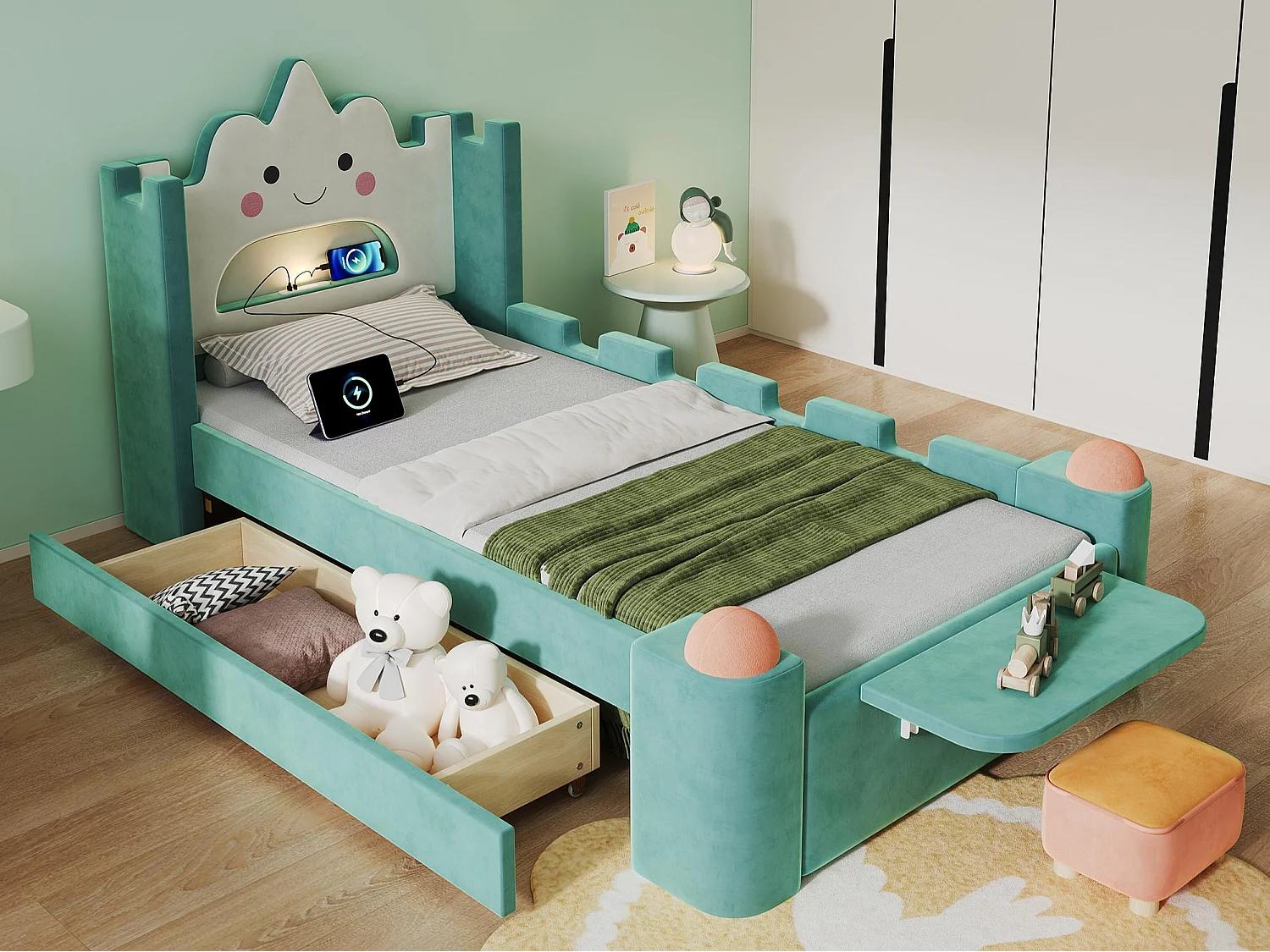 Einzelbett für Kinder gepolstert 90x200cm - mit LED-Leseleuchte und USB-Anschluss - mit Schubladen und klappbaren Regalen - Samtstoff - blau-grün (ohne Matratze)