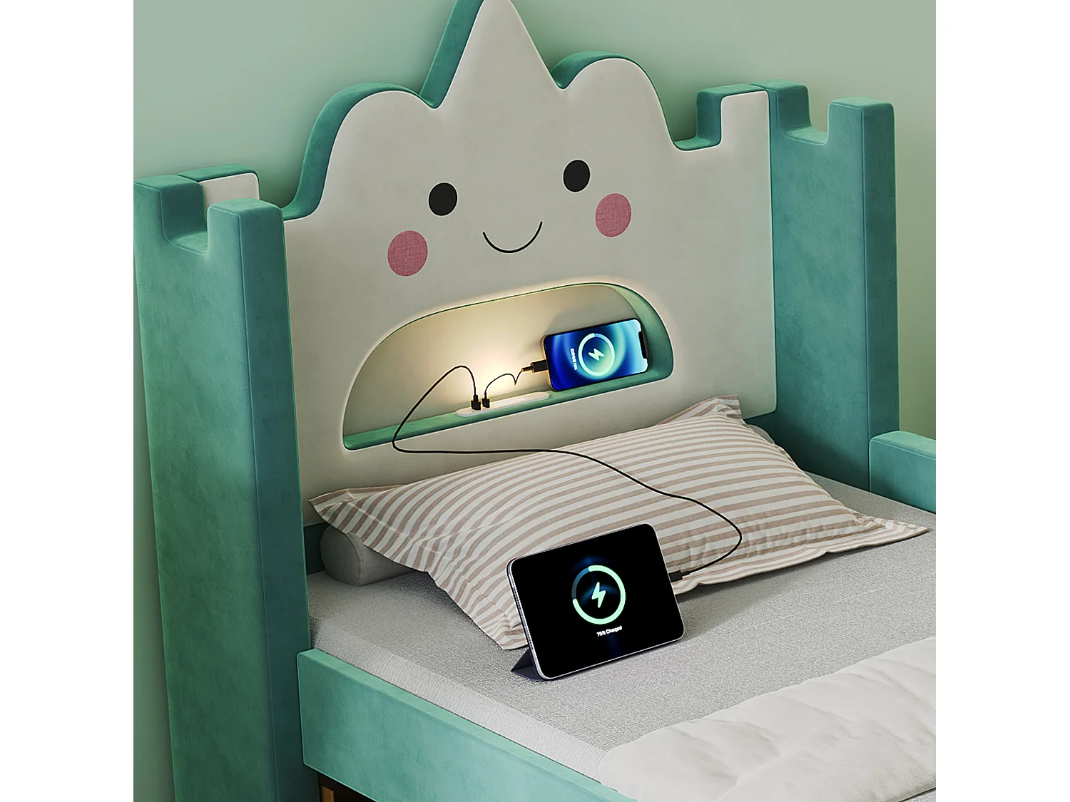 Einzelbett für Kinder gepolstert 90x200cm - mit LED-Leseleuchte und USB-Anschluss - mit Schubladen und klappbaren Regalen - Samtstoff - blau-grün (ohne Matratze)