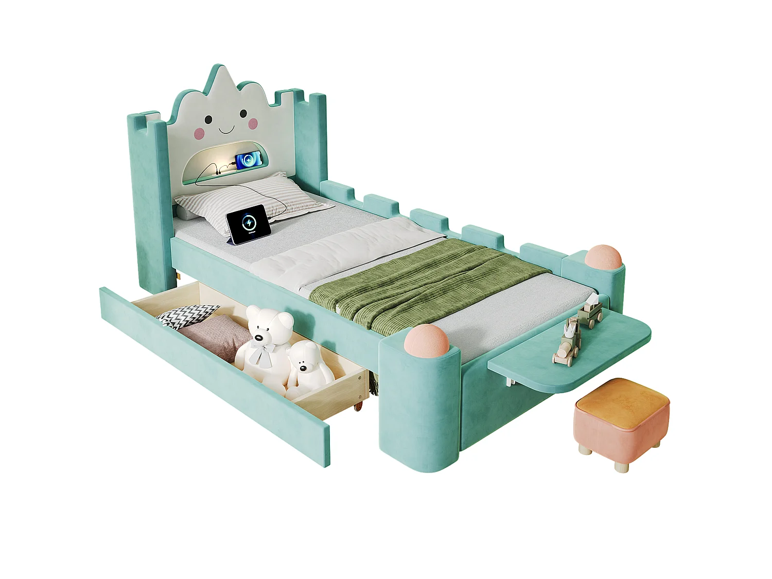 Einzelbett für Kinder gepolstert 90x200cm - mit LED-Leseleuchte und USB-Anschluss - mit Schubladen und klappbaren Regalen - Samtstoff - blau-grün (ohne Matratze)