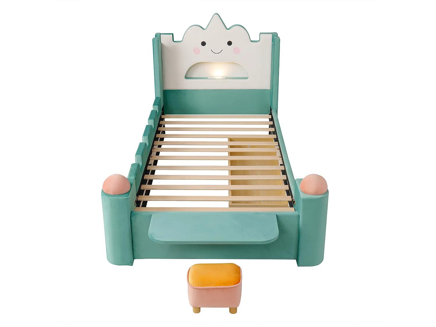 Einzelbett für Kinder gepolstert 90x200cm - mit LED-Leseleuchte und USB-Anschluss - mit Schubladen und klappbaren Regalen - Samtstoff - blau-grün (ohne Matratze)