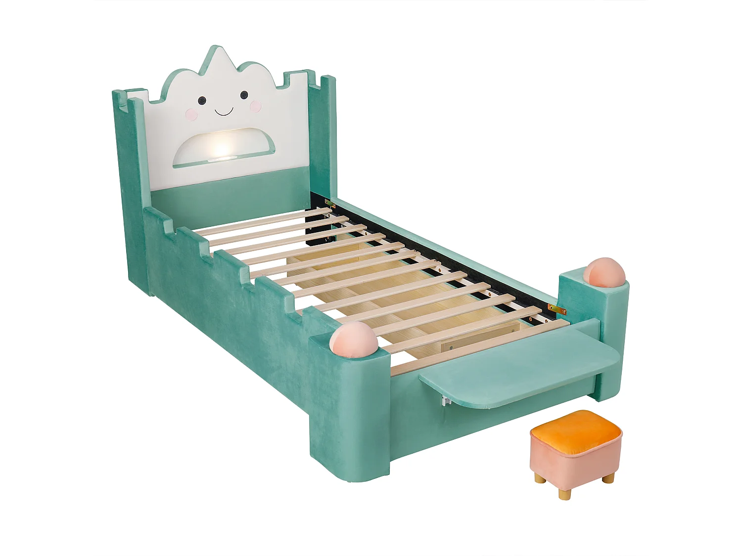 Einzelbett für Kinder gepolstert 90x200cm - mit LED-Leseleuchte und USB-Anschluss - mit Schubladen und klappbaren Regalen - Samtstoff - blau-grün (ohne Matratze)