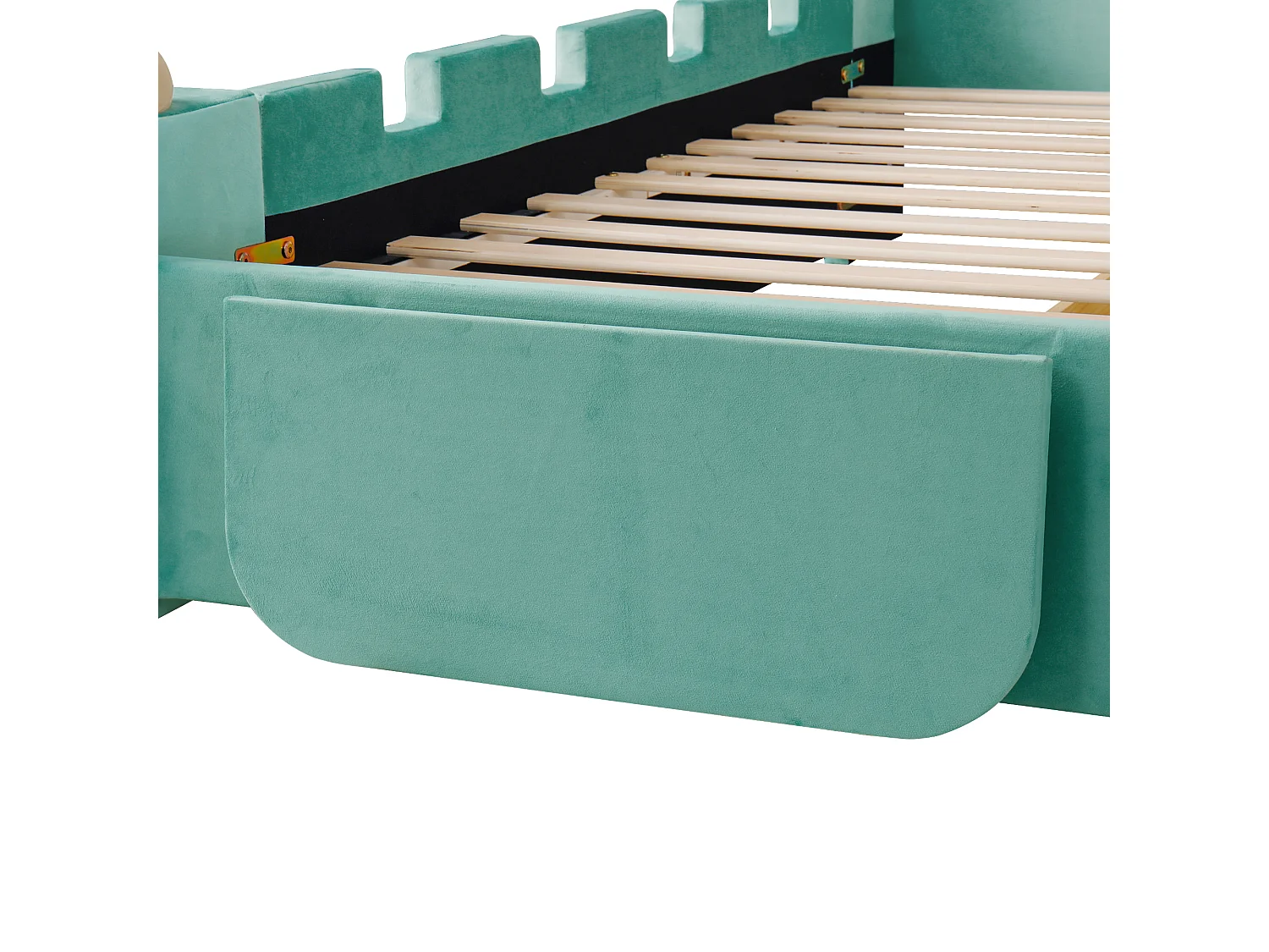 Einzelbett für Kinder gepolstert 90x200cm - mit LED-Leseleuchte und USB-Anschluss - mit Schubladen und klappbaren Regalen - Samtstoff - blau-grün (ohne Matratze)