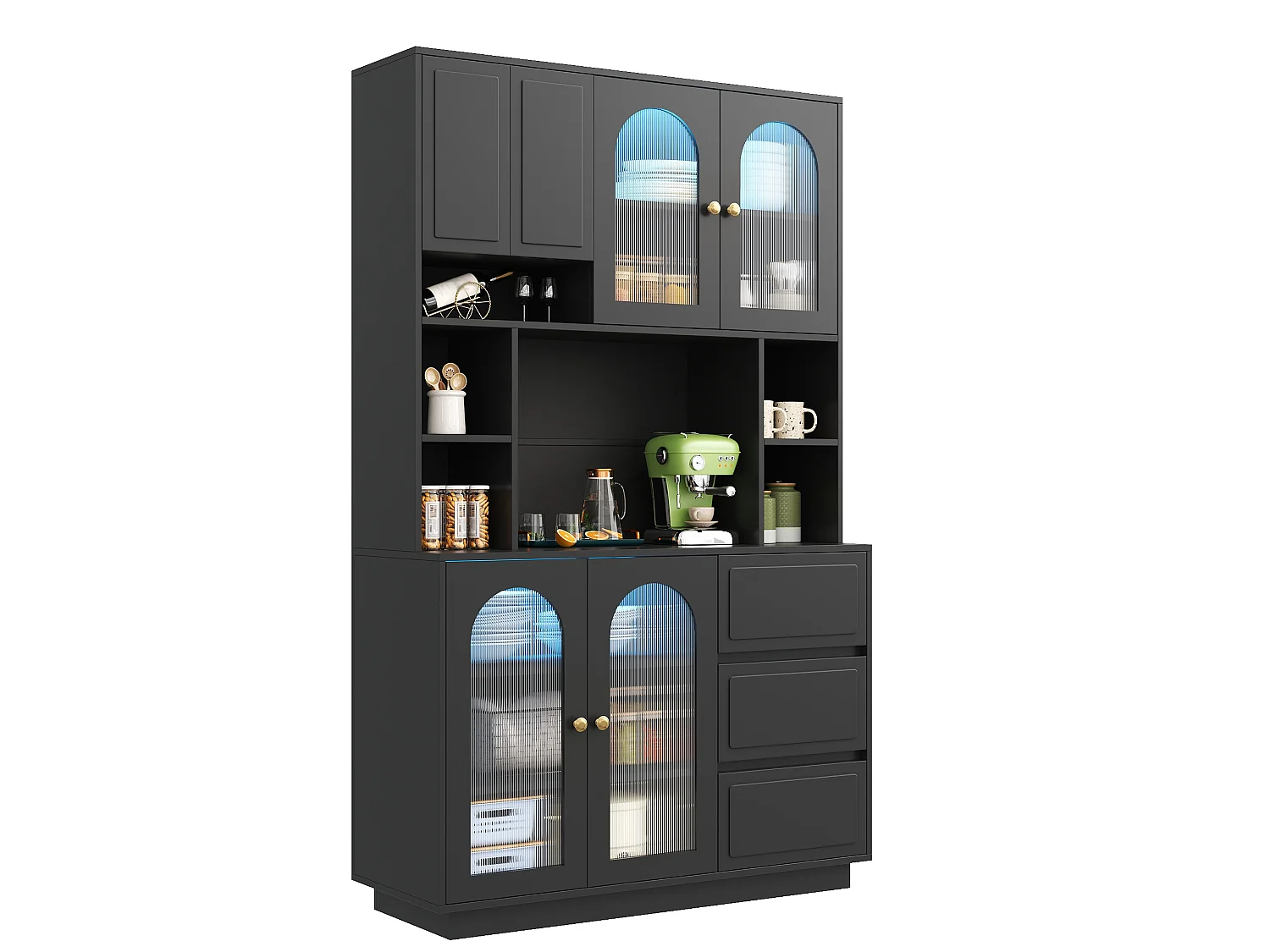 Hoge kast 106 × 30 × 175 cm - Keukenkast met acryldeuren - LED - 5 deuren en 3 laden - MDF - Zwart