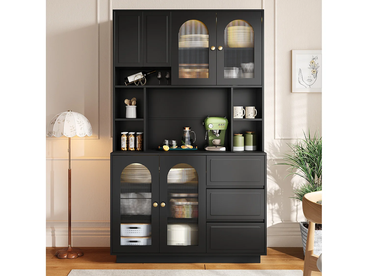 Hoge kast 106 × 30 × 175 cm - Keukenkast met acryldeuren - LED - 5 deuren en 3 laden - MDF - Zwart