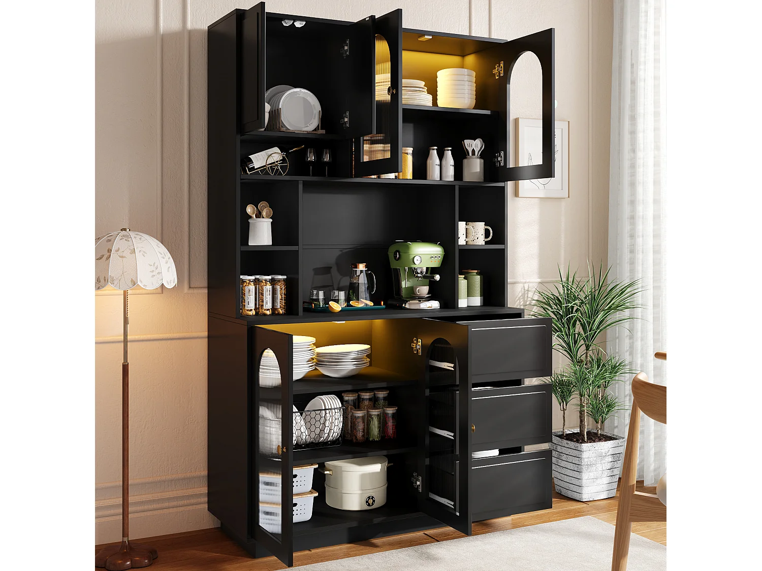 Hoge kast 106 × 30 × 175 cm - Keukenkast met acryldeuren - LED - 5 deuren en 3 laden - MDF - Zwart