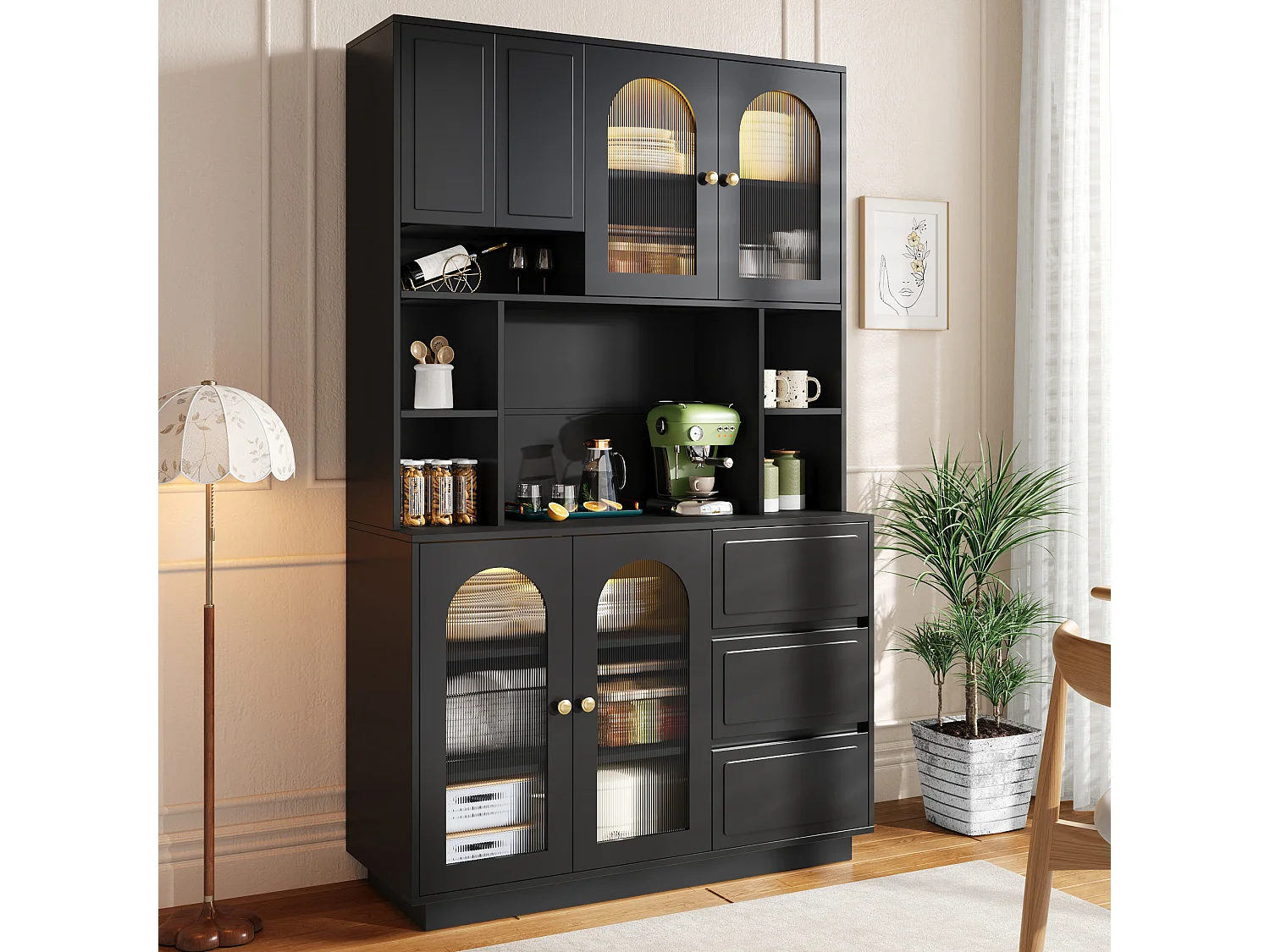 Hoge kast 106 × 30 × 175 cm - Keukenkast met acryldeuren - LED - 5 deuren en 3 laden - MDF - Zwart