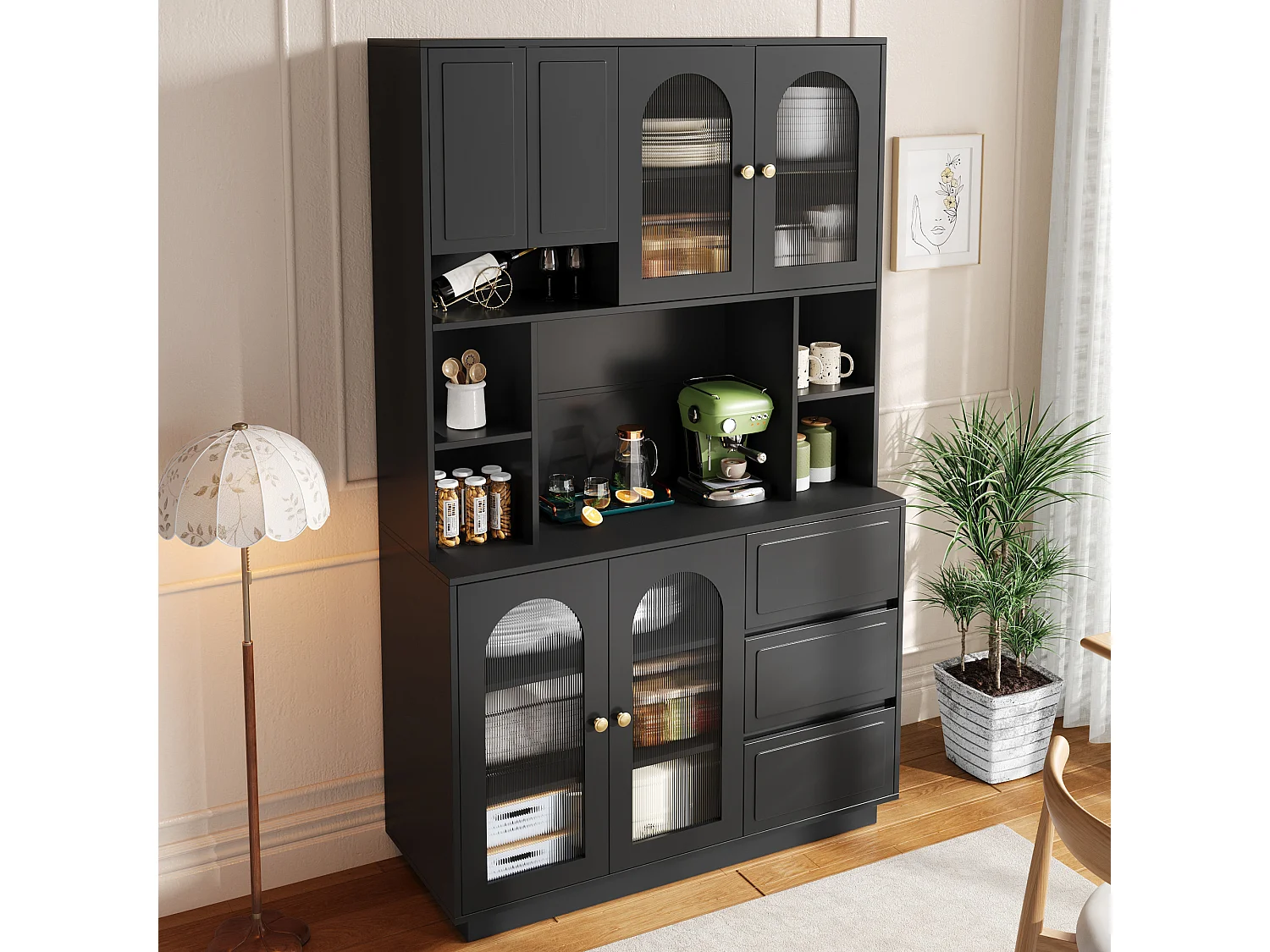 Hoge kast 106 × 30 × 175 cm - Keukenkast met acryldeuren - LED - 5 deuren en 3 laden - MDF - Zwart