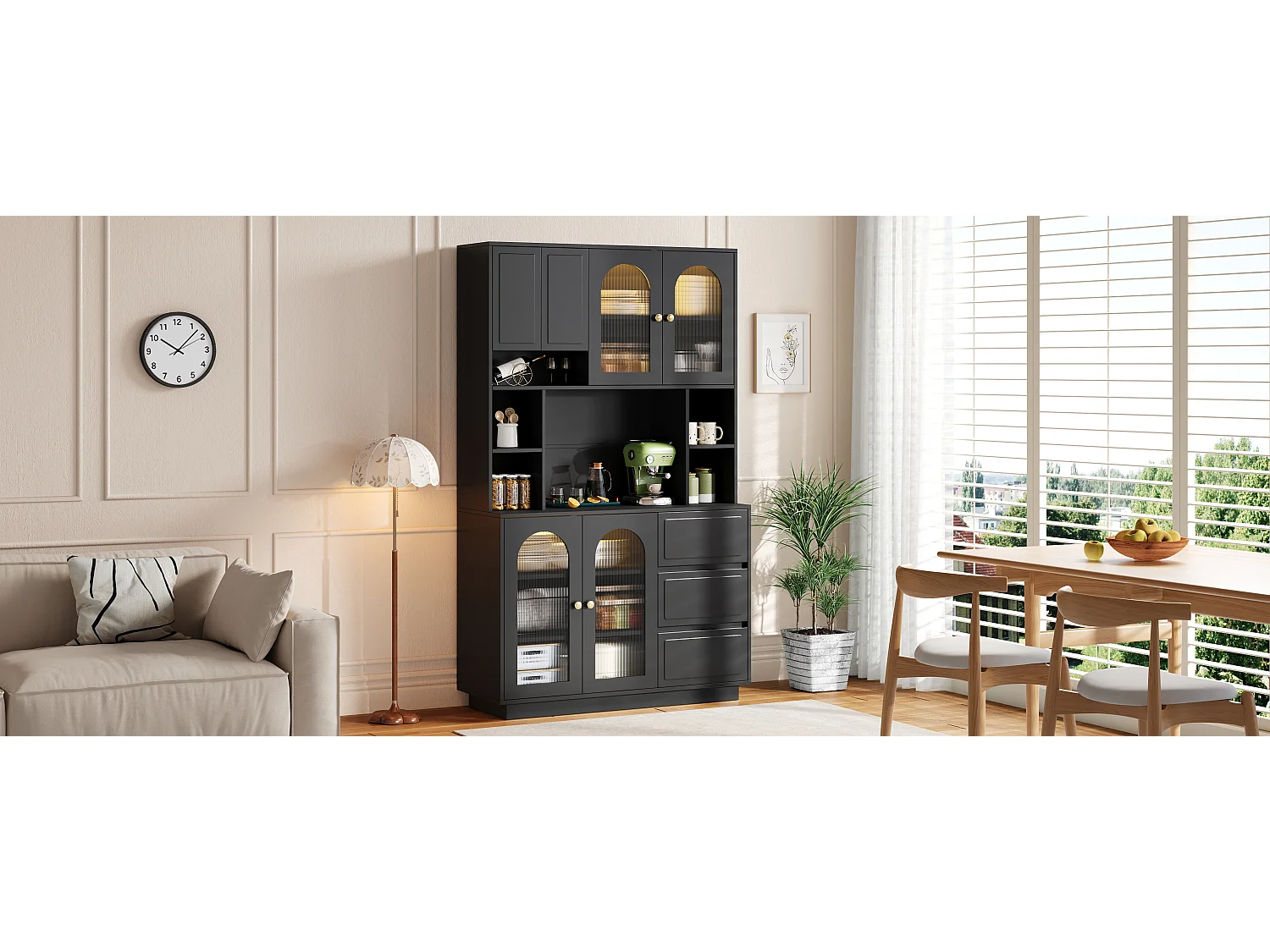 Hoge kast 106 × 30 × 175 cm - Keukenkast met acryldeuren - LED - 5 deuren en 3 laden - MDF - Zwart