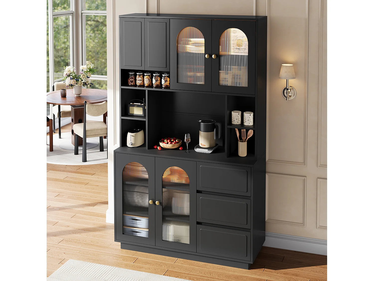 Hoge kast 106 × 30 × 175 cm - Keukenkast met acryldeuren - LED - 5 deuren en 3 laden - MDF - Zwart