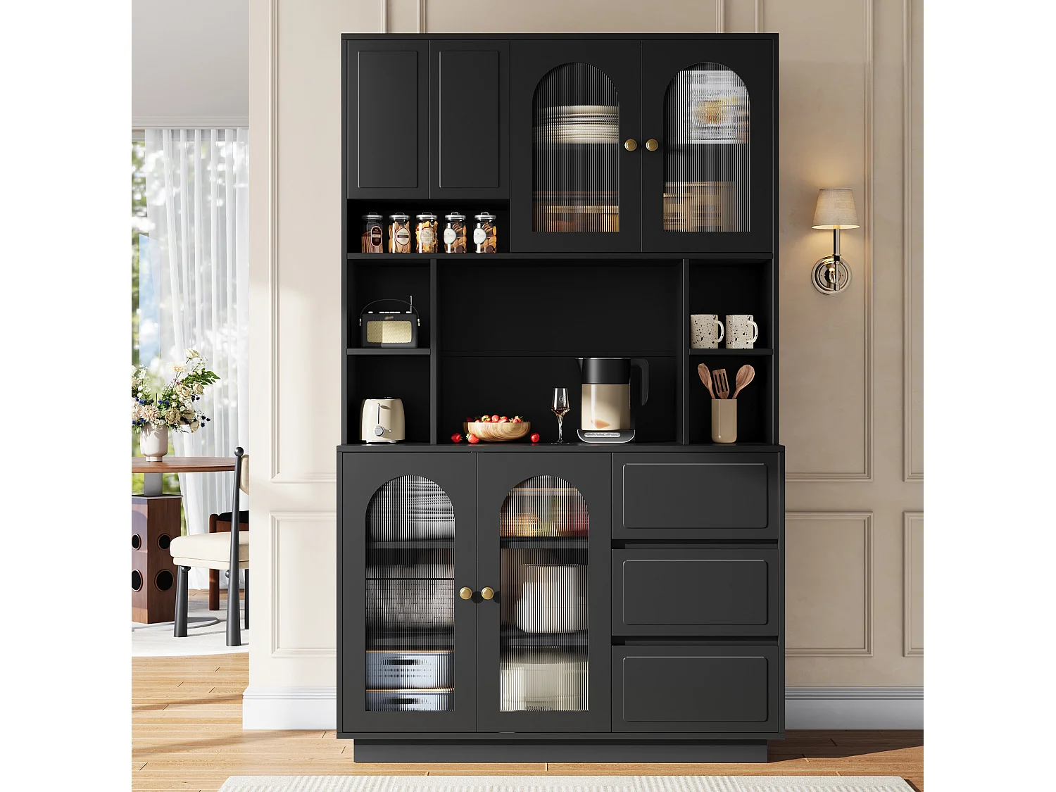 Hoge kast 106 × 30 × 175 cm - Keukenkast met acryldeuren - LED - 5 deuren en 3 laden - MDF - Zwart