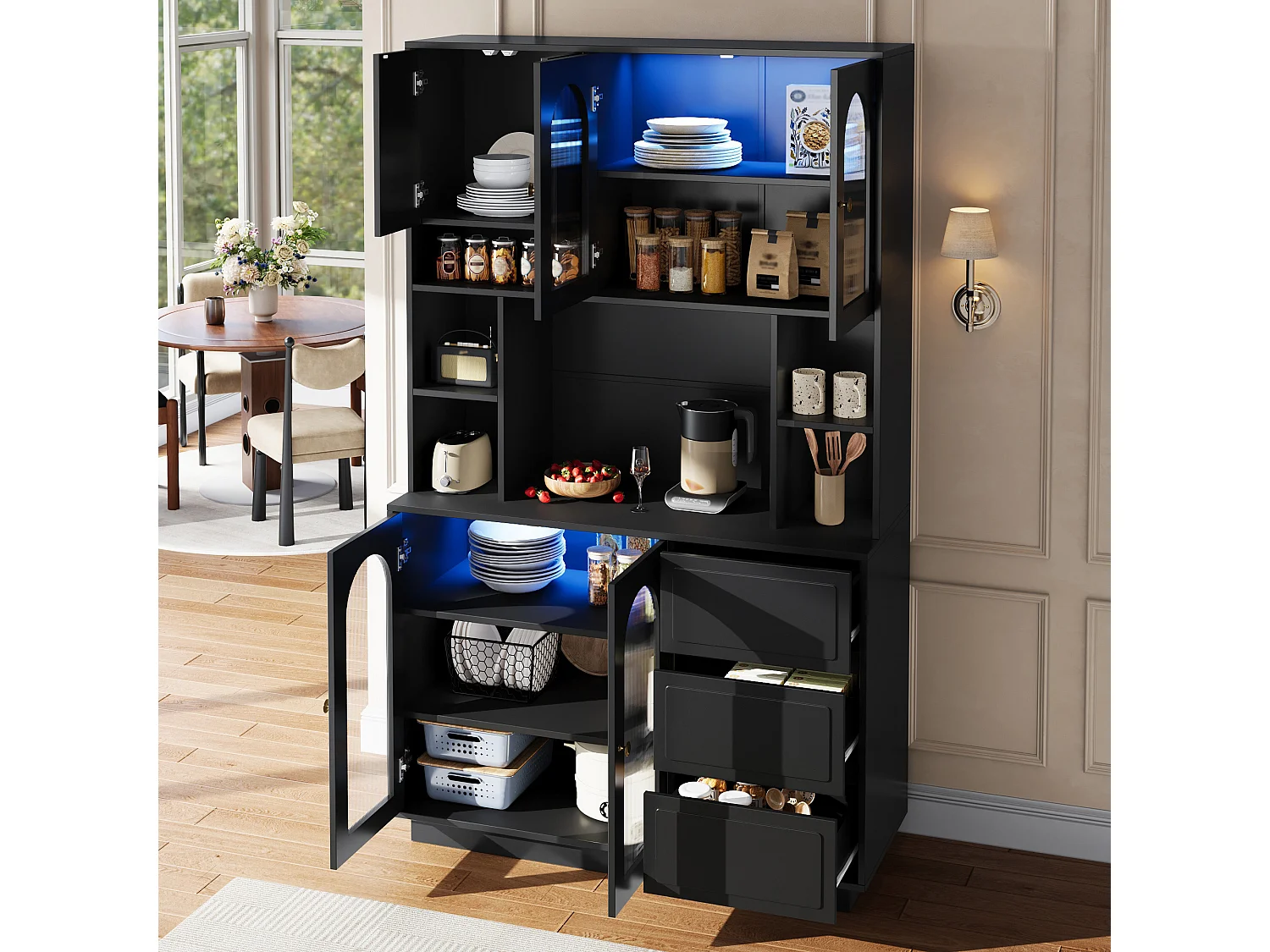 Hoge kast 106 × 30 × 175 cm - Keukenkast met acryldeuren - LED - 5 deuren en 3 laden - MDF - Zwart
