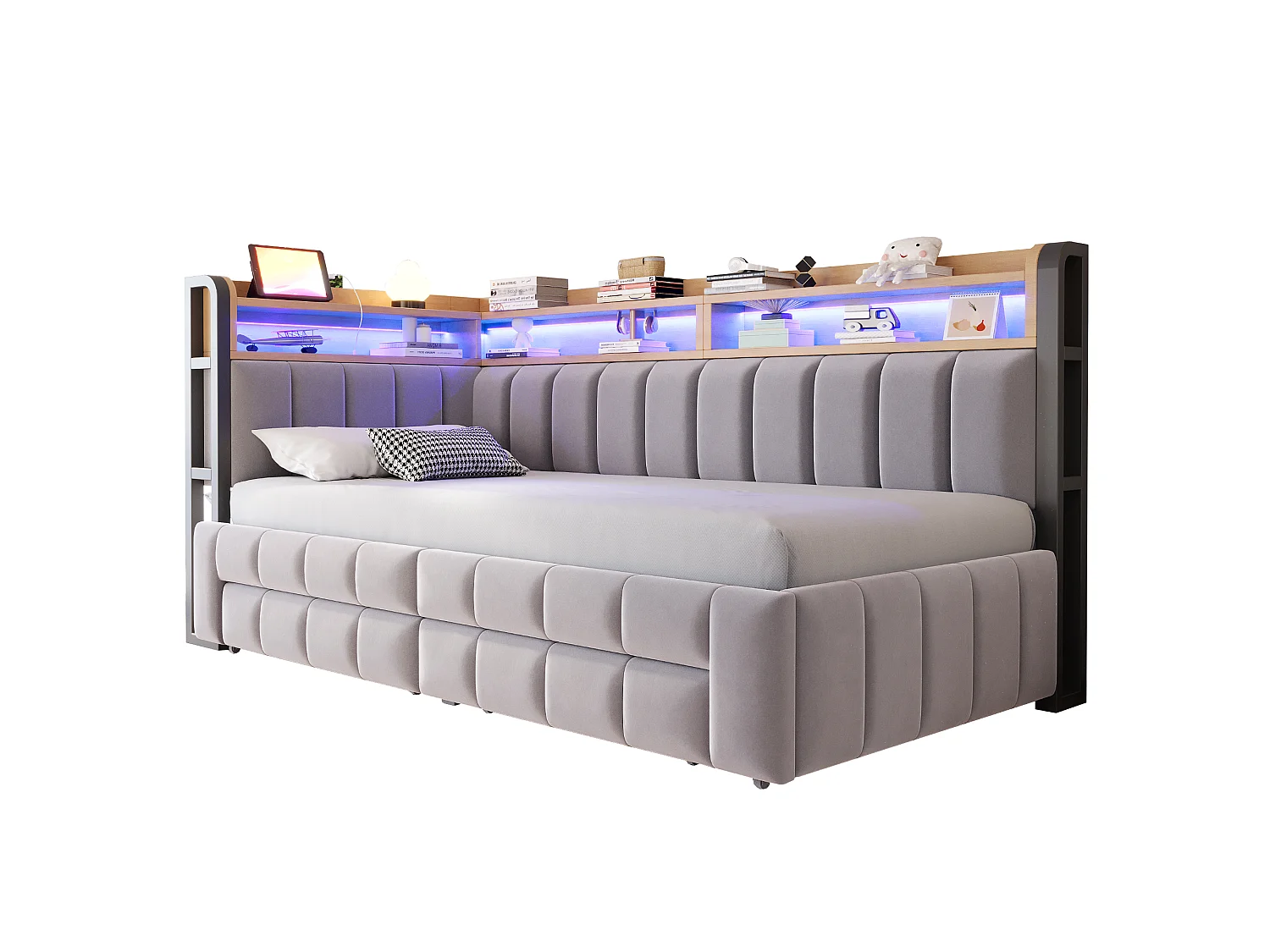 Kapitonnerad bäddsoffa 180 × 200 cm - med utdragssäng - med 2 lådor - med LED-ljus - med USB + Type-C-gränssnitt - Ljusgrå (madrass ingår ej)