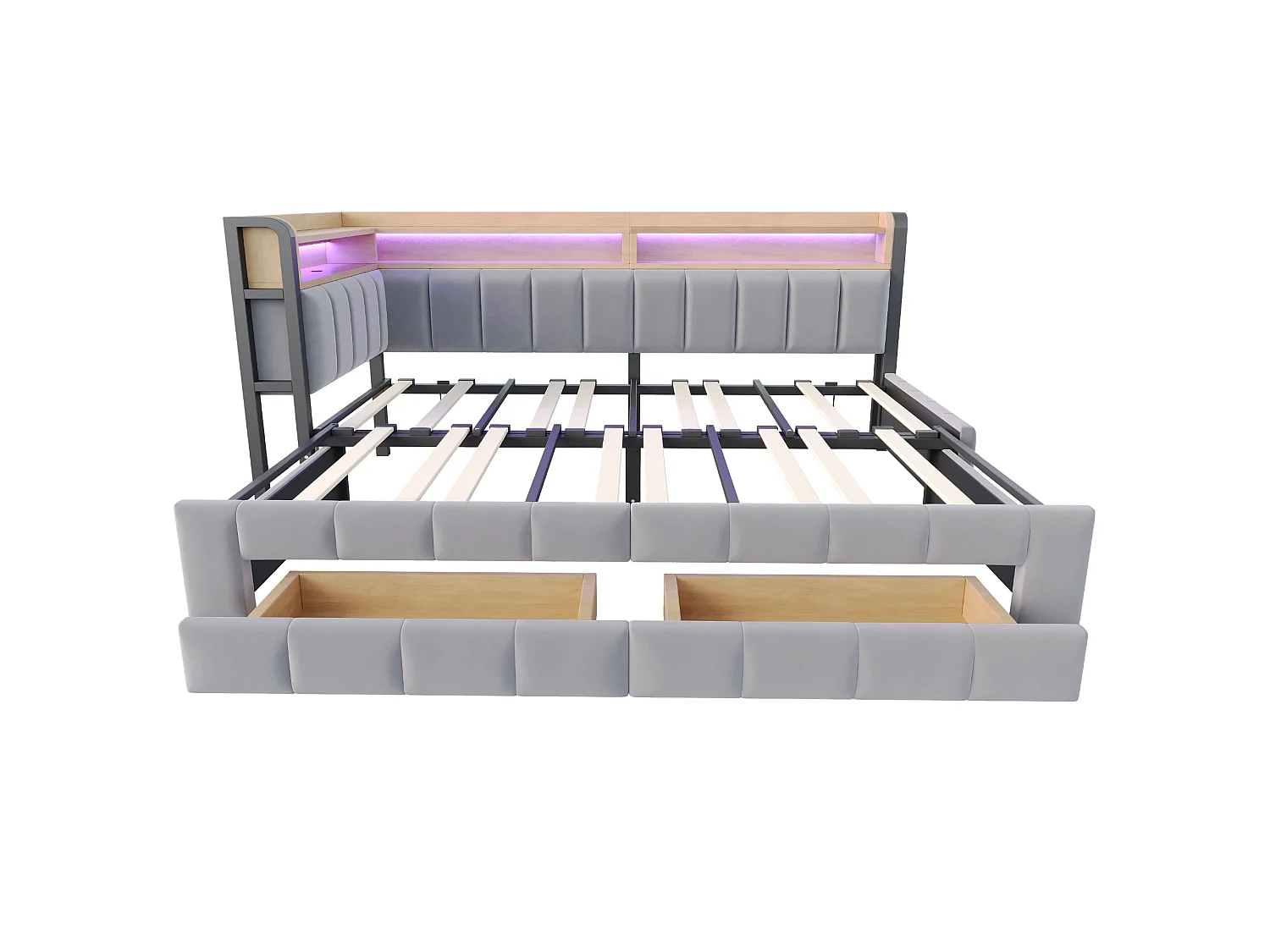 Kapitonnerad bäddsoffa 180 × 200 cm - med utdragssäng - med 2 lådor - med LED-ljus - med USB + Type-C-gränssnitt - Ljusgrå (madrass ingår ej)