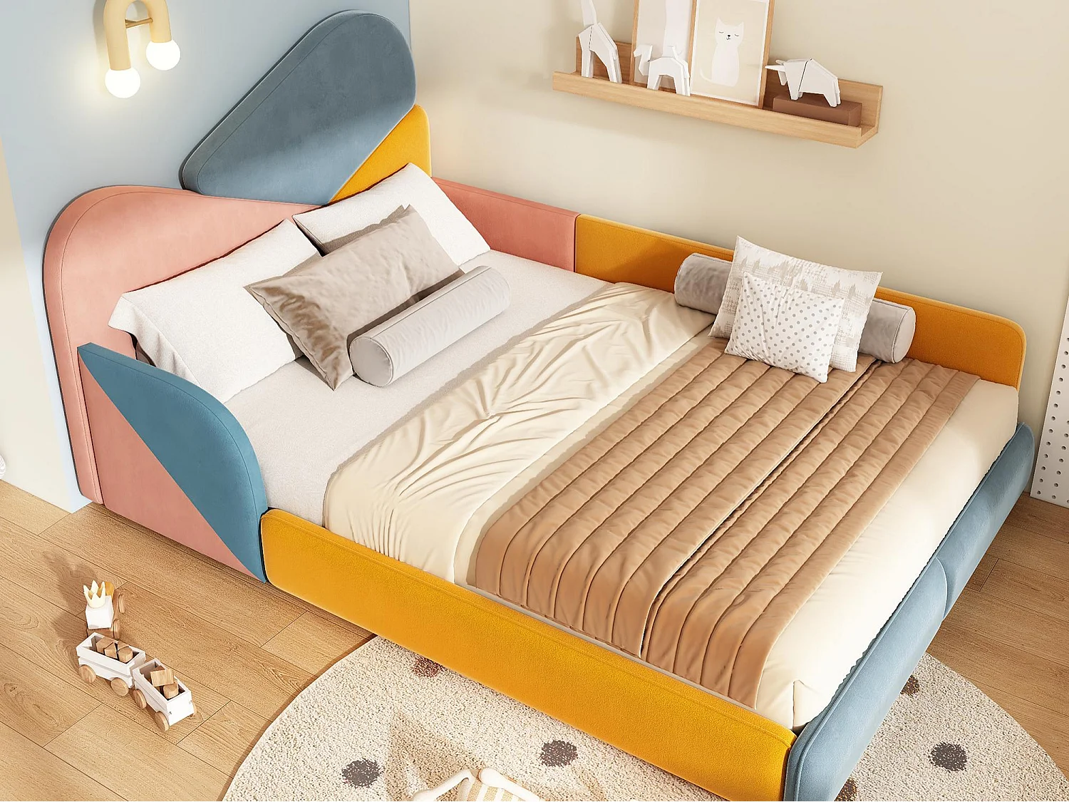 Lit enfant rembourré 140x200cm - lit multicolore - avec rambarde latérale - velours - Bleu, jaune, rose (sans matelas)