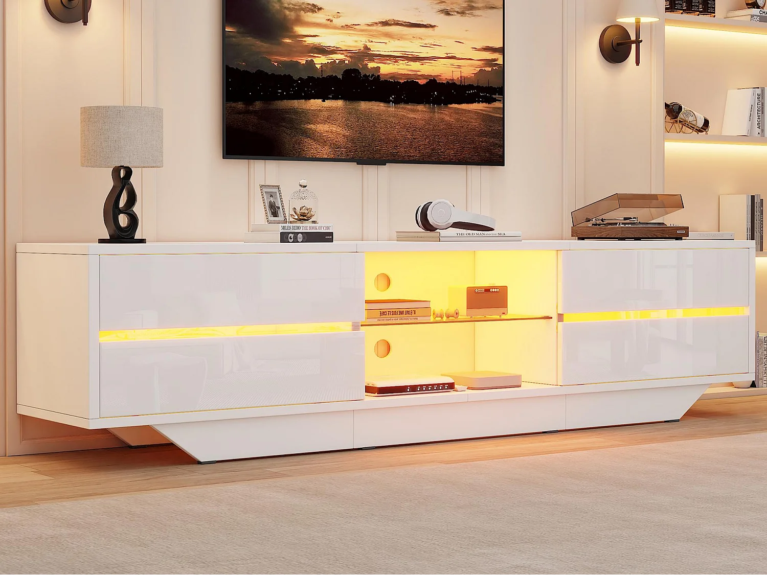Hochglanzlackierter TV-Schrank 160x35x44,5 cm - LED-Beleuchtung und 2 Türen - Kompatibel mit TV bis 65 Zoll - Weiß