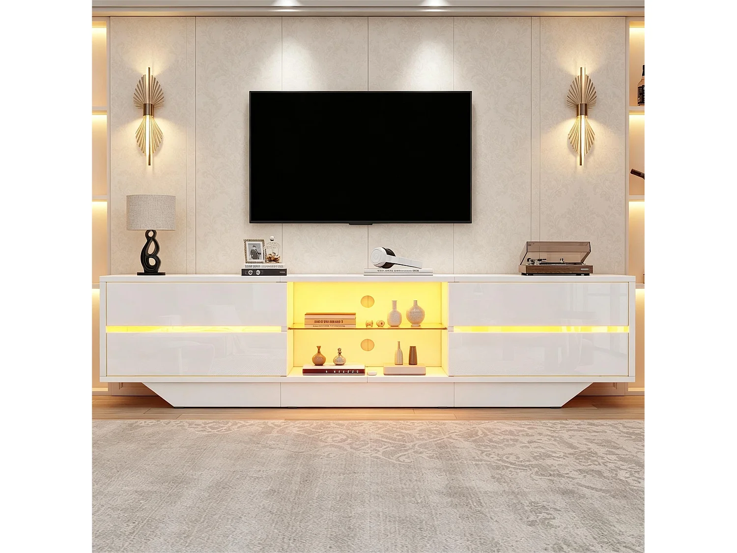 Hochglanzlackierter TV-Schrank 160x35x44,5 cm - LED-Beleuchtung und 2 Türen - Kompatibel mit TV bis 65 Zoll - Weiß