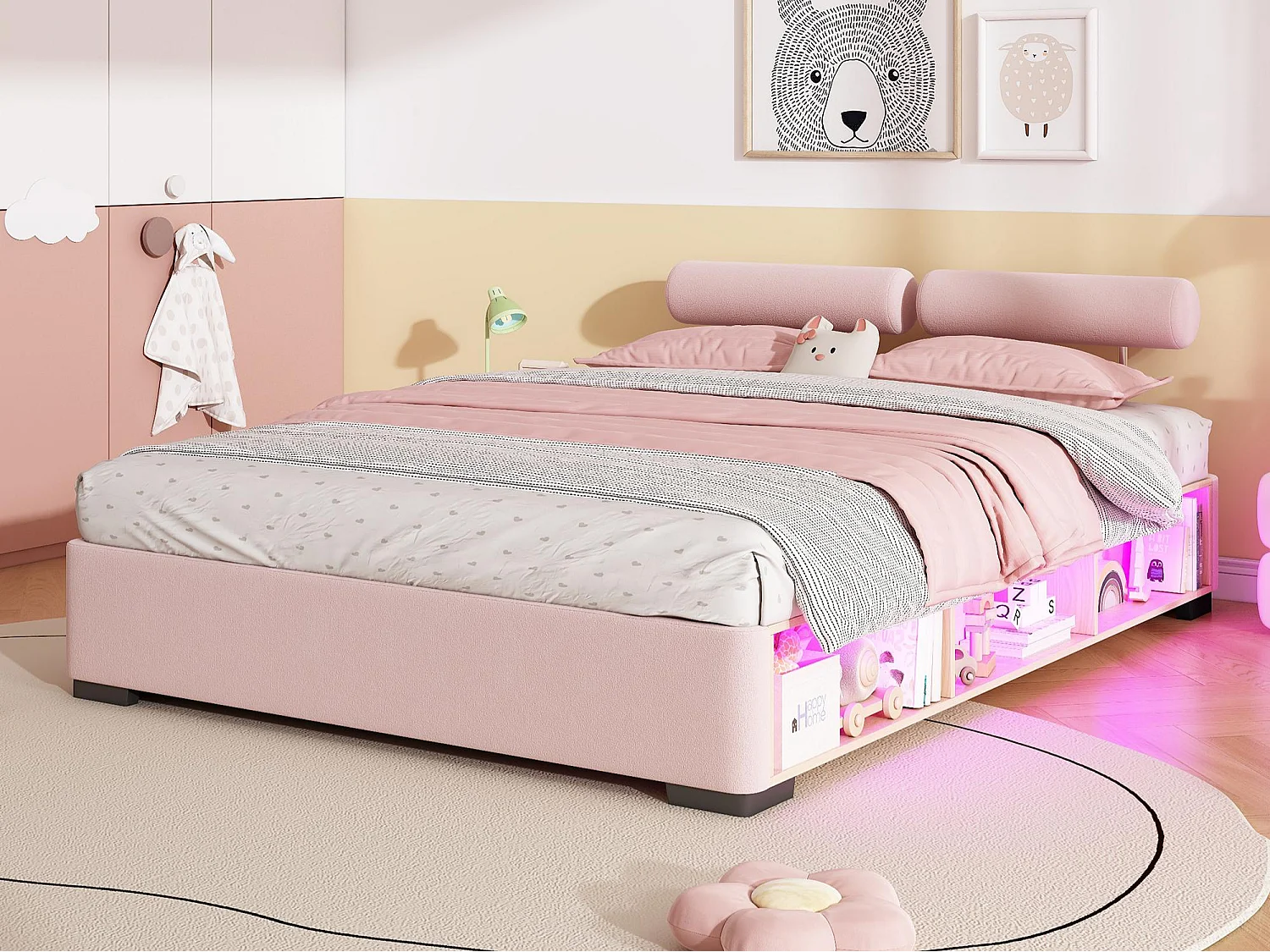 Lit coffre rembourré 140x200cm - Étagères latérales avec LED - espace de rangement ouvert - tissu velours - rose (sans matelas)