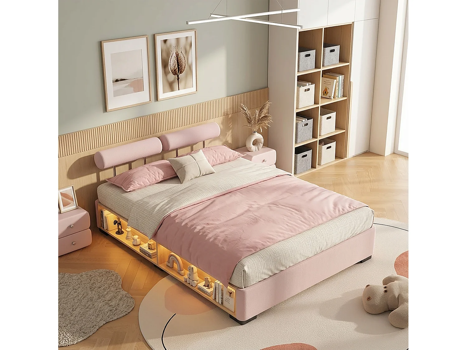 Lit coffre rembourré 140x200cm - Étagères latérales avec LED - espace de rangement ouvert - tissu velours - rose (sans matelas)
