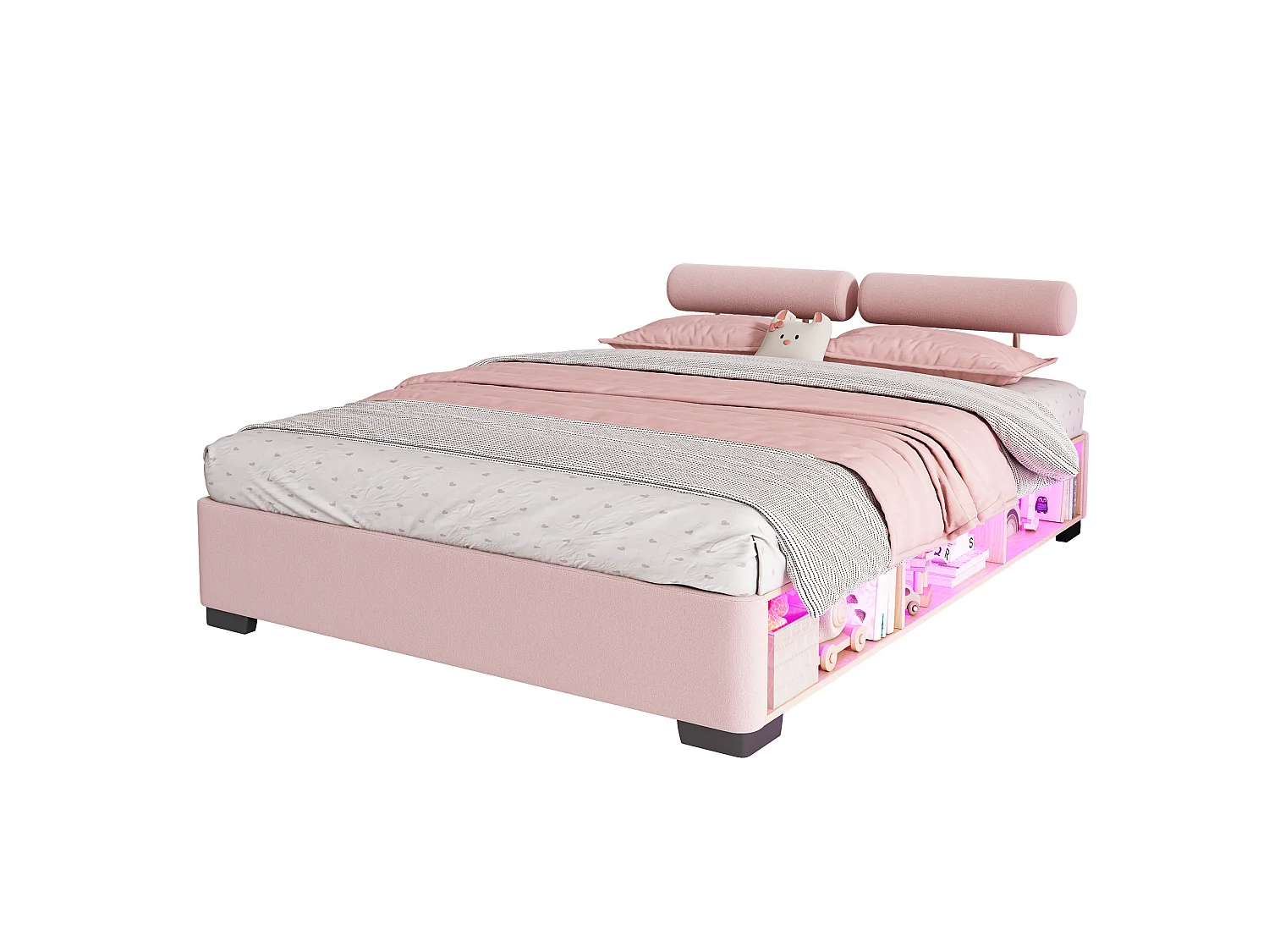 Lit coffre rembourré 140x200cm - Étagères latérales avec LED - espace de rangement ouvert - tissu velours - rose (sans matelas)