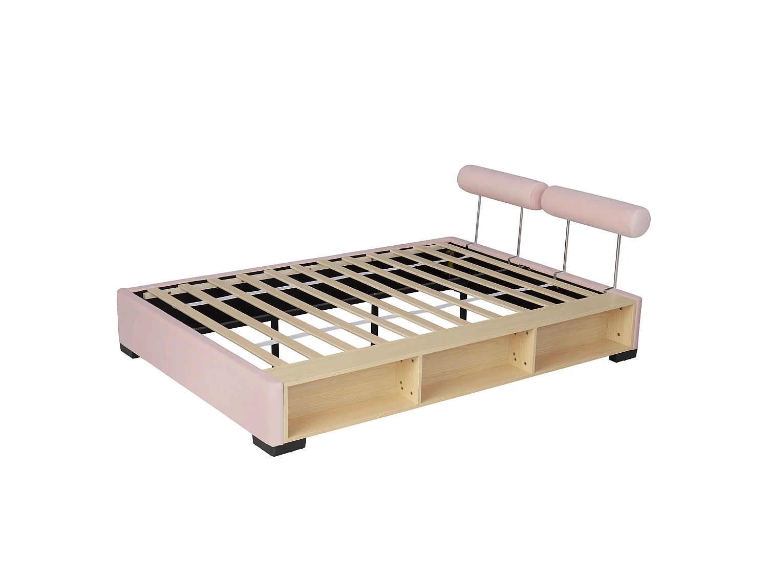 Lit coffre rembourré 140x200cm - Étagères latérales avec LED - espace de rangement ouvert - tissu velours - rose (sans matelas)