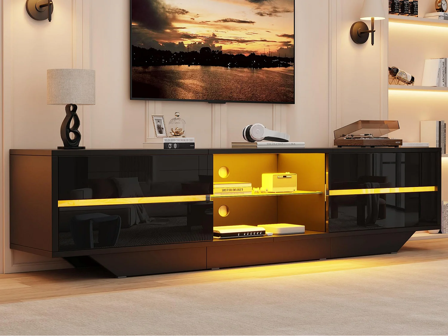 Hochglanzlackierter TV-Schrank 160x35x44,5 cm - LED-Beleuchtung und 2 Türen - Kompatibel mit TV bis 65 Zoll - Schwarz