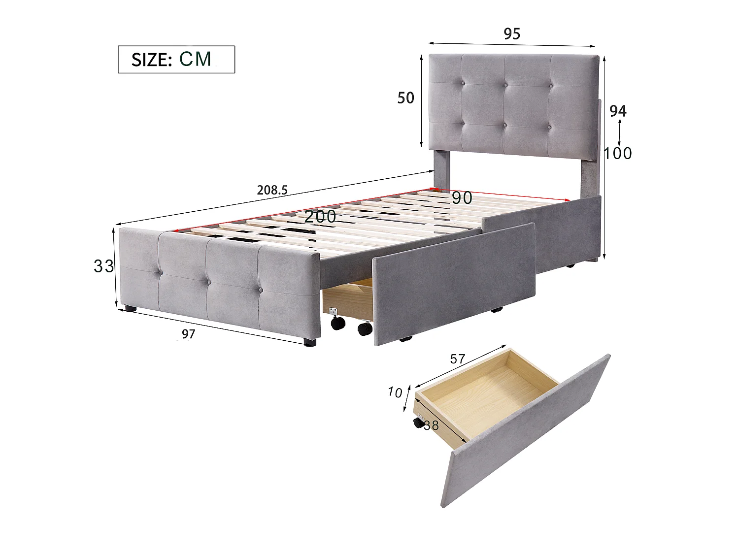 Lit rembourré 90x200 cm, lattes, tête réglable, 2 tiroirs, velours doux gris, enfant/junior/appoint (sans matelas)