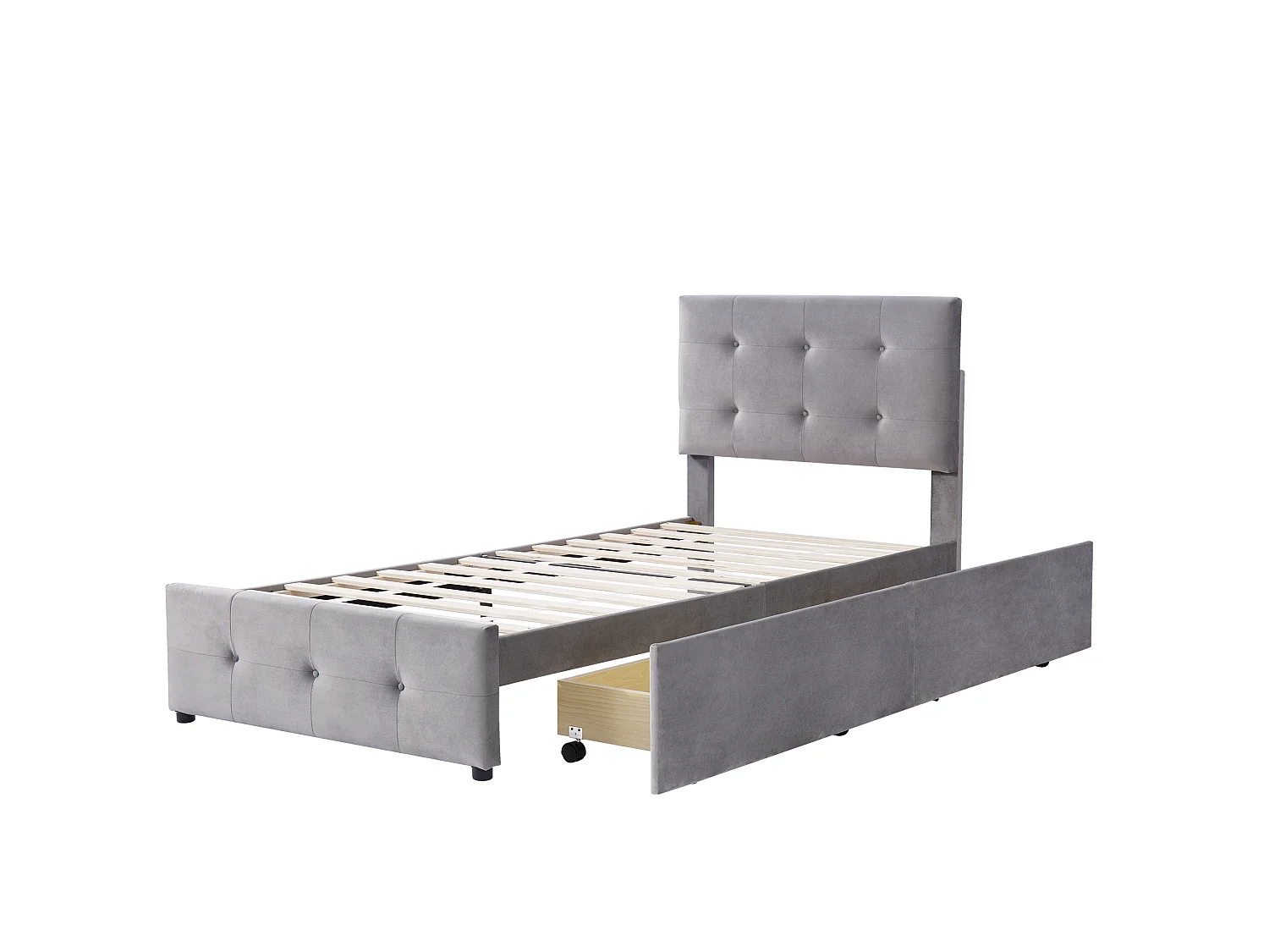 Lit rembourré 90x200 cm, lattes, tête réglable, 2 tiroirs, velours doux gris, enfant/junior/appoint (sans matelas)