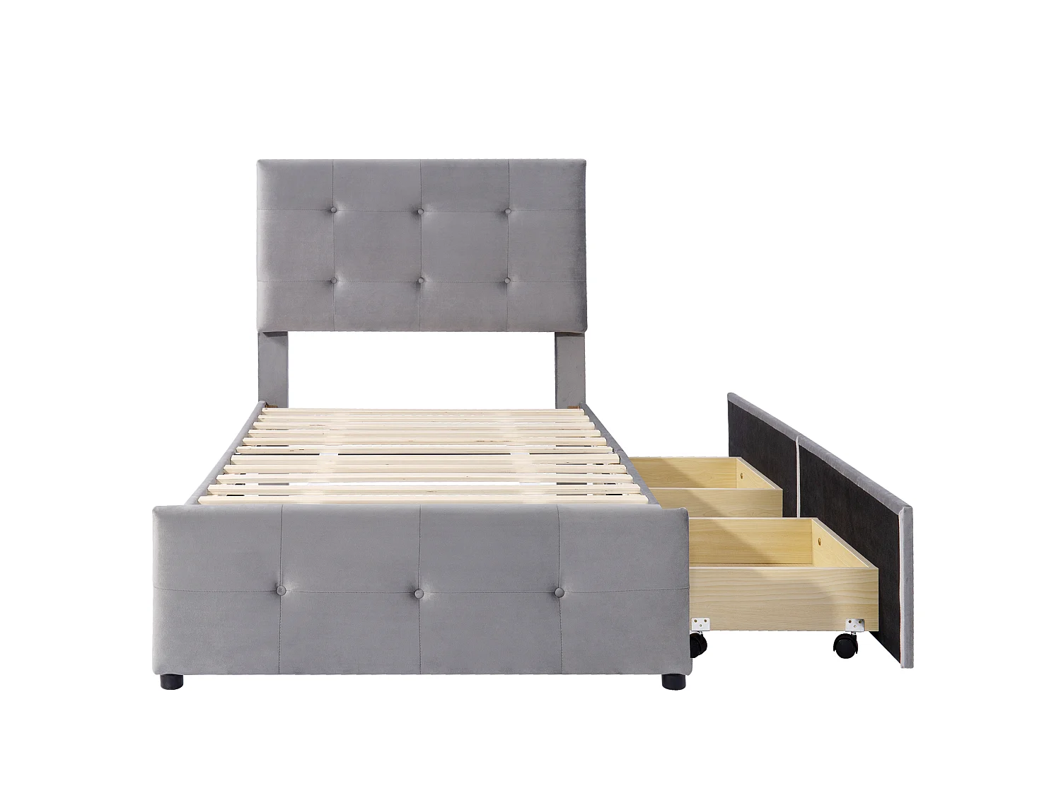 Lit rembourré 90x200 cm, lattes, tête réglable, 2 tiroirs, velours doux gris, enfant/junior/appoint (sans matelas)