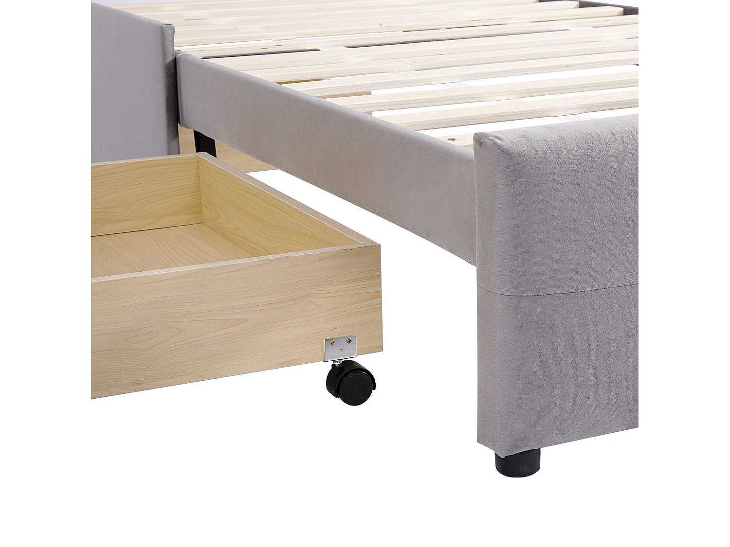 Lit rembourré 90x200 cm, lattes, tête réglable, 2 tiroirs, velours doux gris, enfant/junior/appoint (sans matelas)