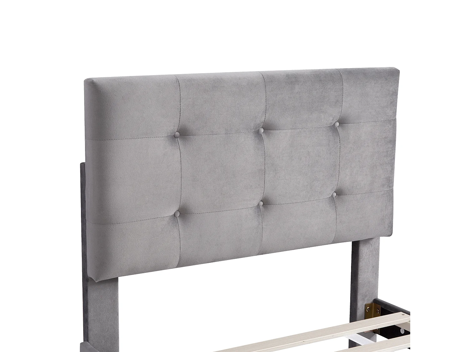 Lit rembourré 90x200 cm, lattes, tête réglable, 2 tiroirs, velours doux gris, enfant/junior/appoint (sans matelas)