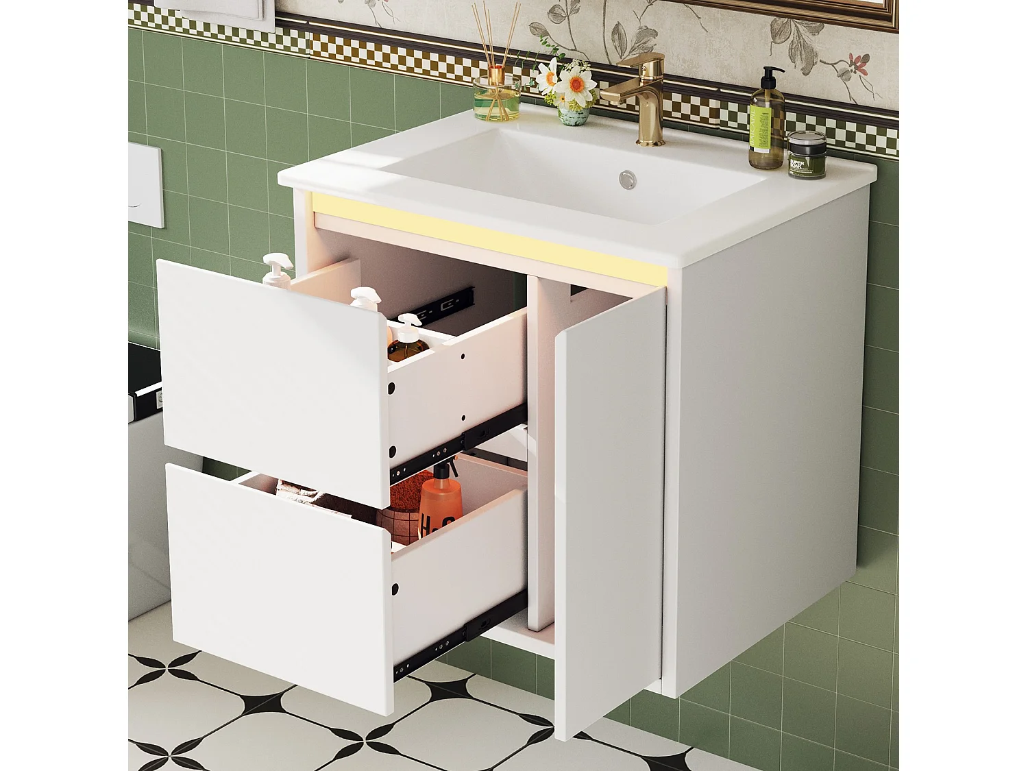 Wall-mounted bathroom cabinet with ceramic sink - with 2 drawers and 1 door - with LED - Lacquered finish - White
