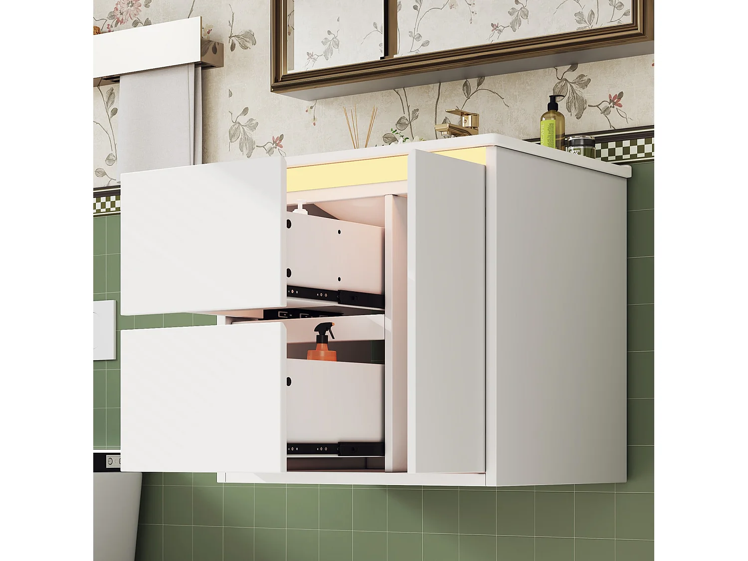 Wall-mounted bathroom cabinet with ceramic sink - with 2 drawers and 1 door - with LED - Lacquered finish - White