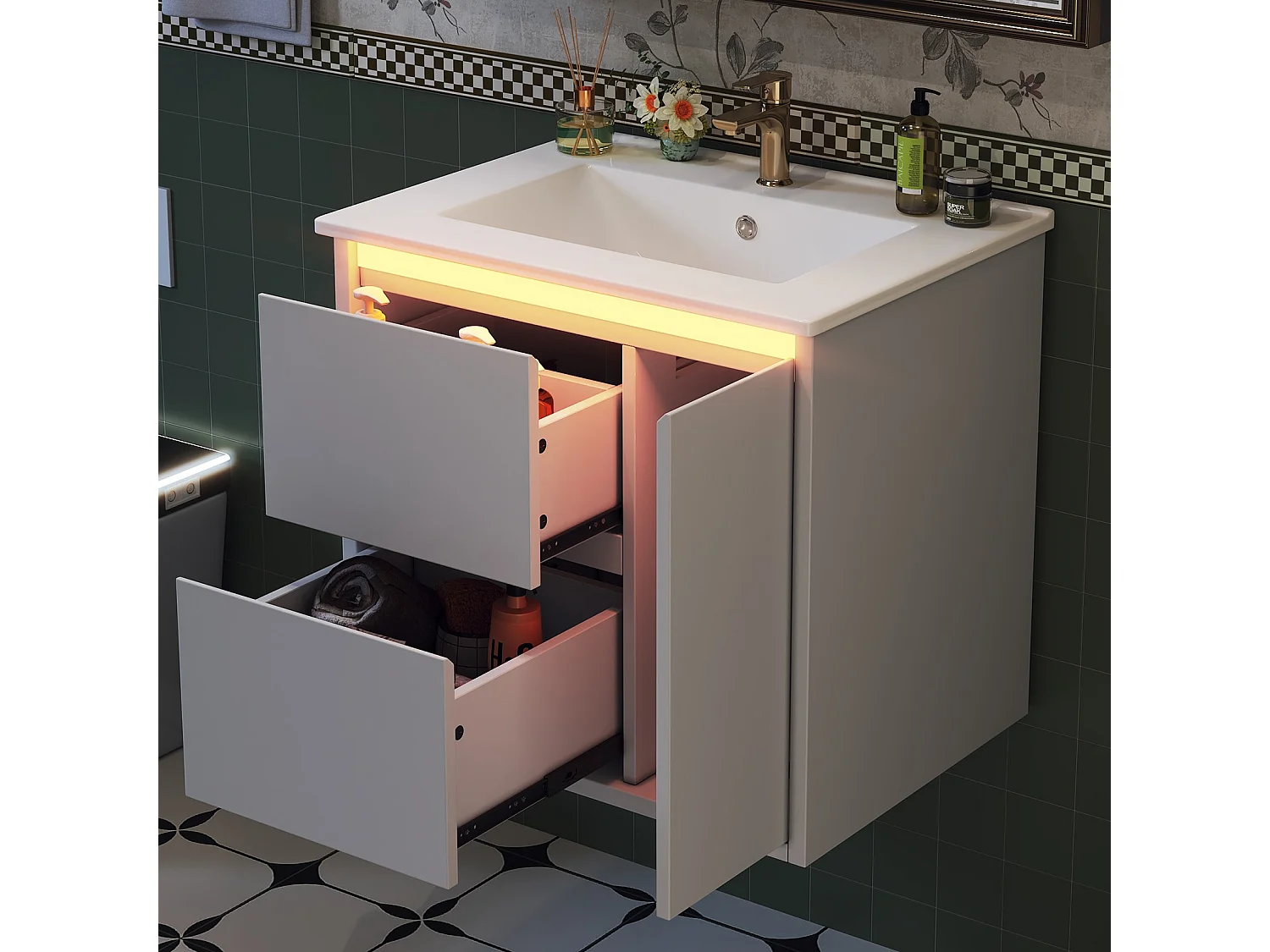 Wall-mounted bathroom cabinet with ceramic sink - with 2 drawers and 1 door - with LED - Lacquered finish - White