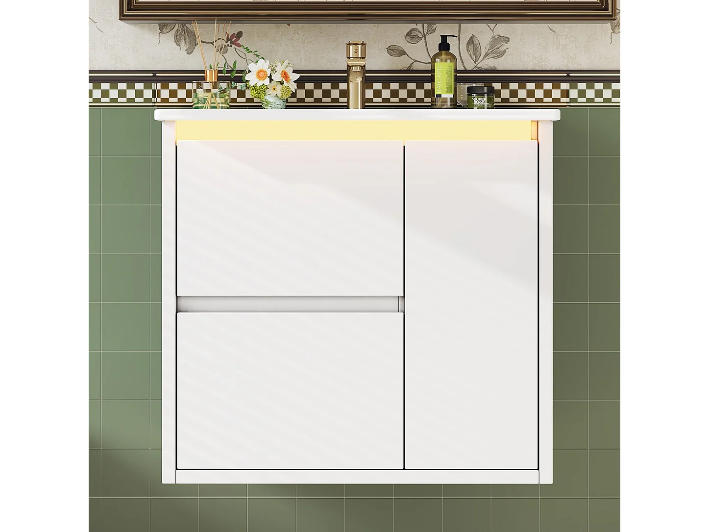 Wall-mounted bathroom cabinet with ceramic sink - with 2 drawers and 1 door - with LED - Lacquered finish - White