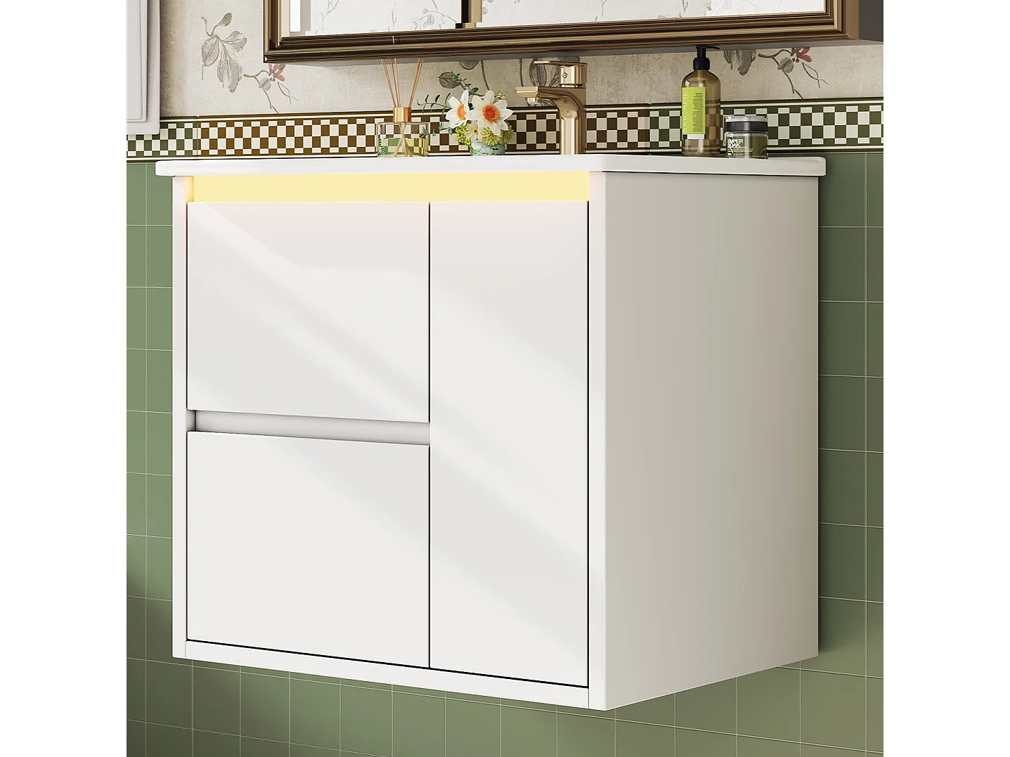 Wall-mounted bathroom cabinet with ceramic sink - with 2 drawers and 1 door - with LED - Lacquered finish - White