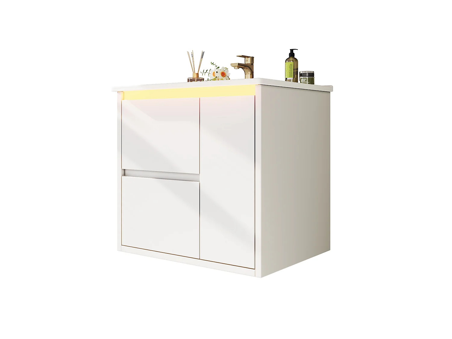 Wall-mounted bathroom cabinet with ceramic sink - with 2 drawers and 1 door - with LED - Lacquered finish - White