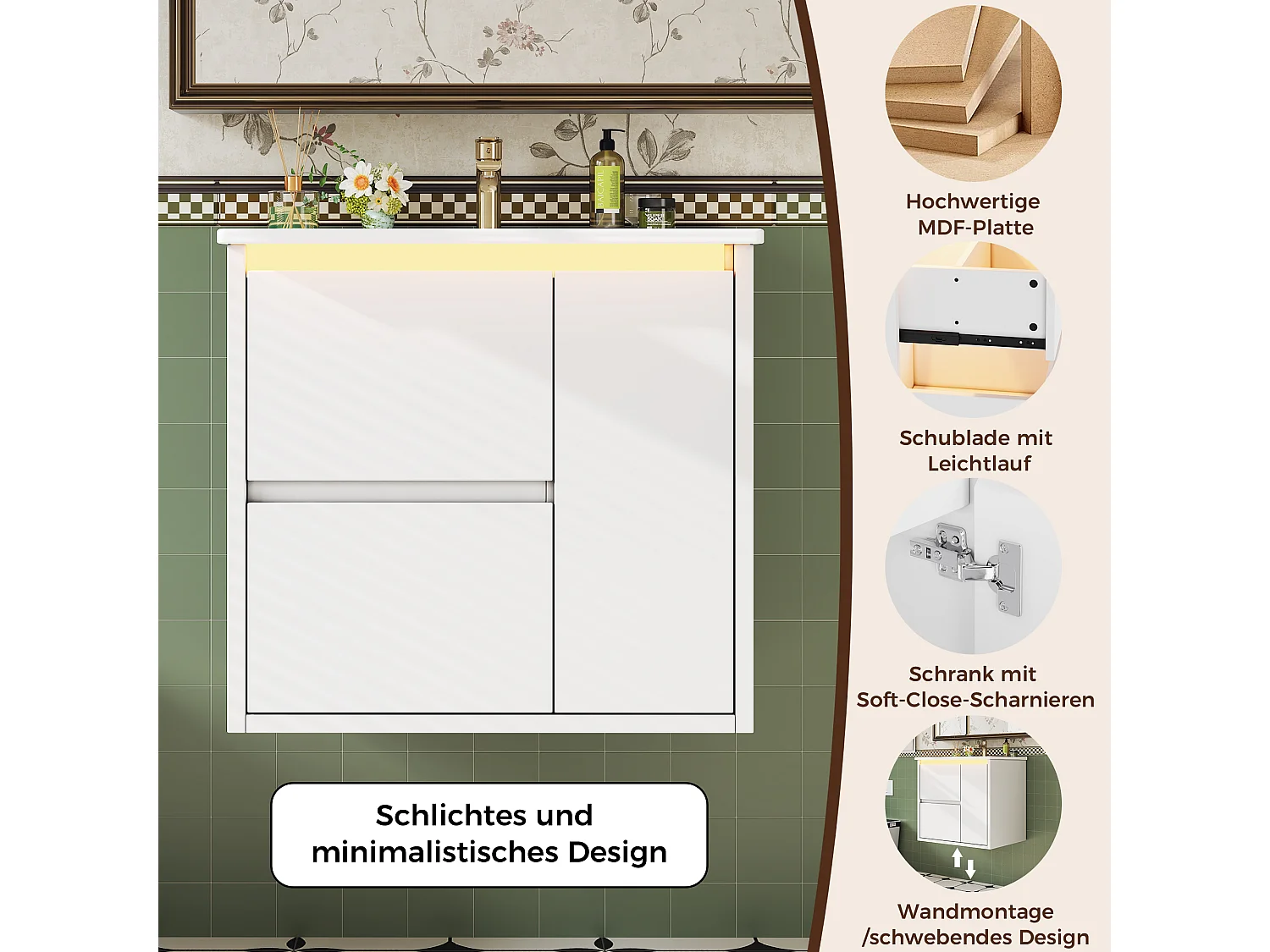 Wall-mounted bathroom cabinet with ceramic sink - with 2 drawers and 1 door - with LED - Lacquered finish - White