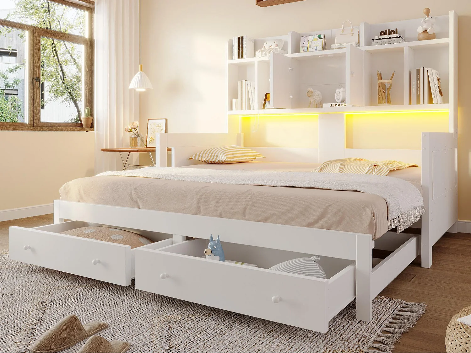 Multifunktionales ausziehbares Schlafsofa aus Holz 90x190cm - mit 2 Schubladen - mit Trennwänden - mit Steckdose - mit LED-Licht - weiß (Matratze nicht enthalten)
